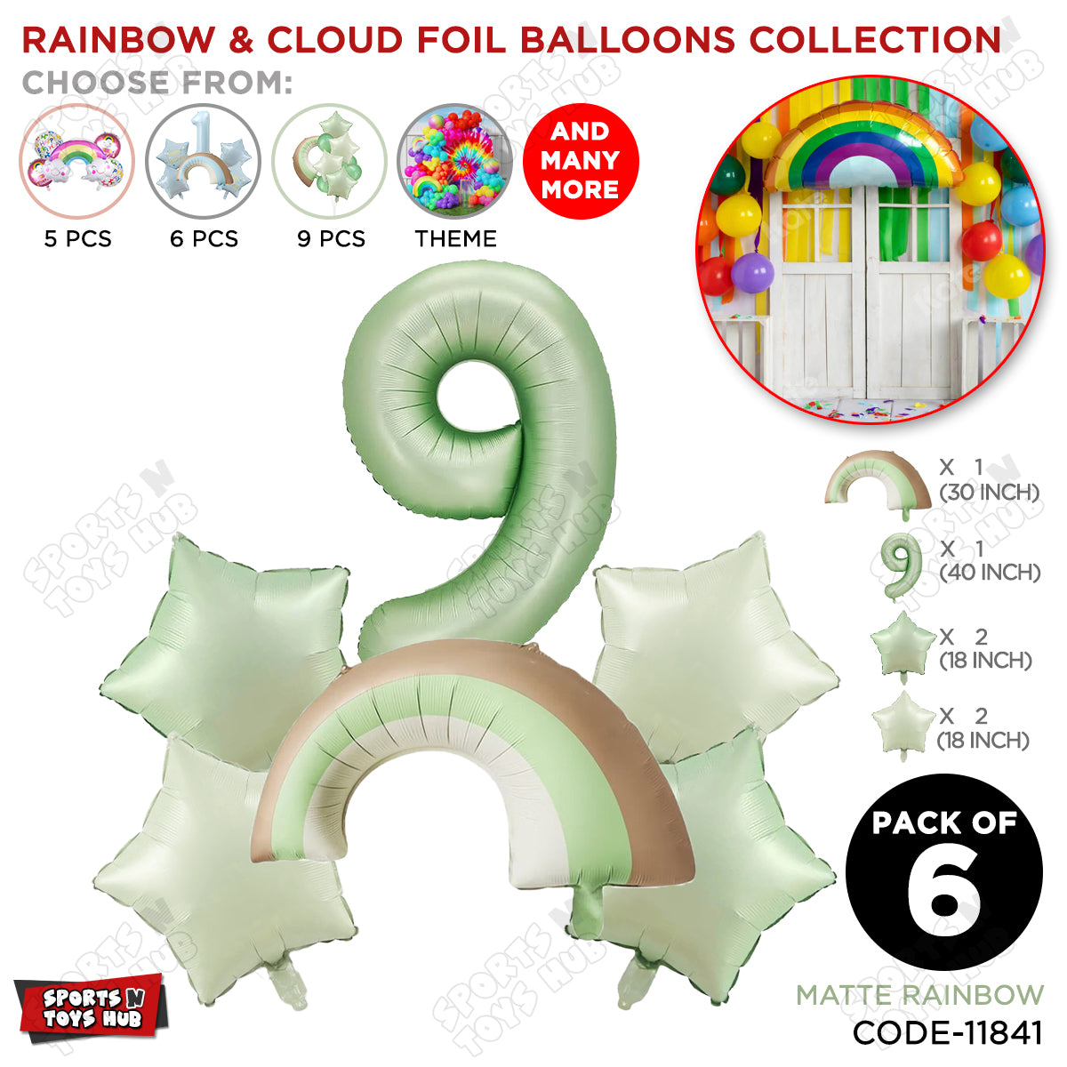 Pastel Green Matte Color Rainbow & Cloud Pack Of 6 Set With 40 Inch Foil Number Balloons