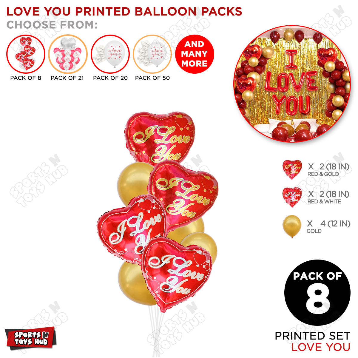 Printed Heart Foil Shape Balloon With Gold Latex Balloon Pack Of 8 Set