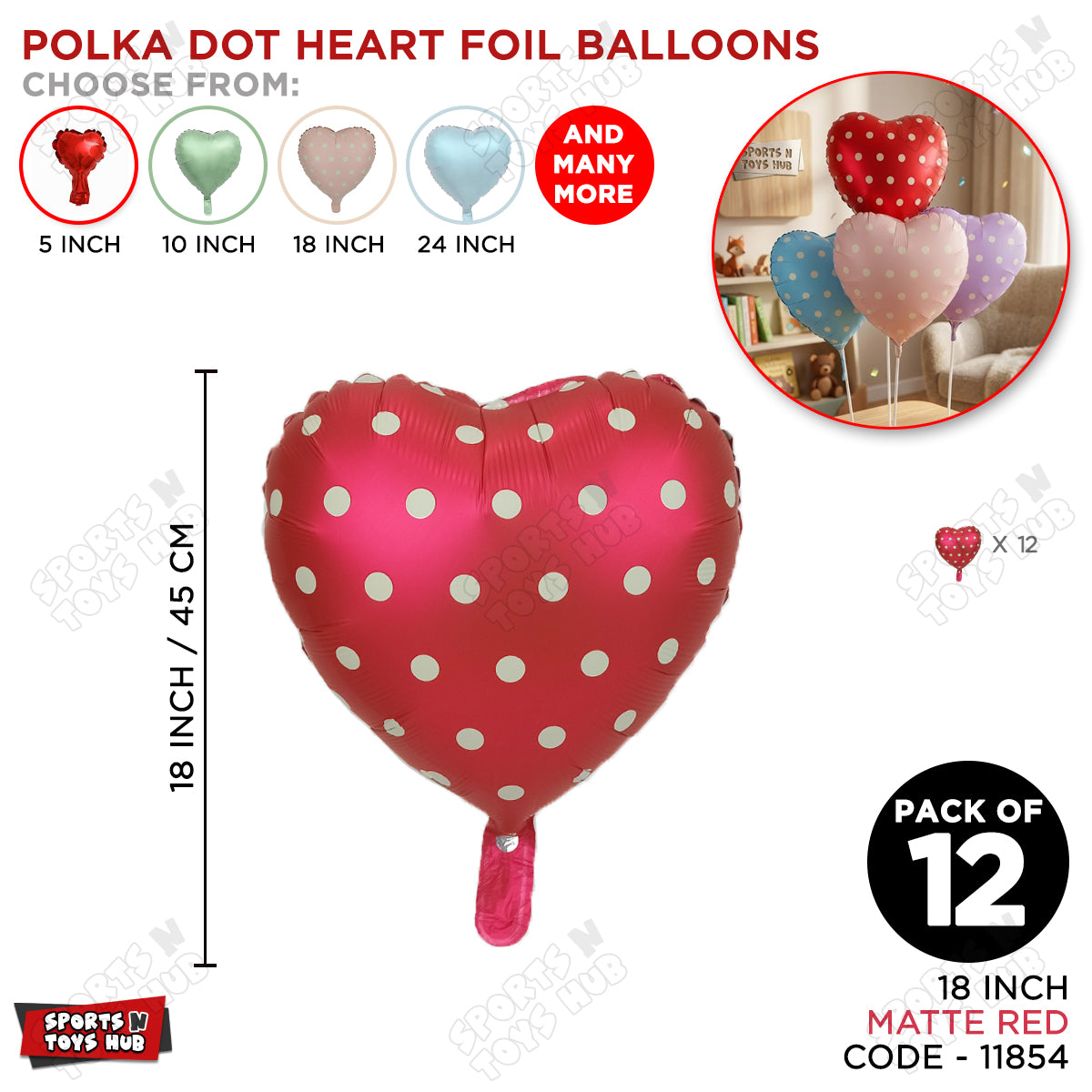 18 Inch - Red Polka Dot Heart Shape Foil Balloon
