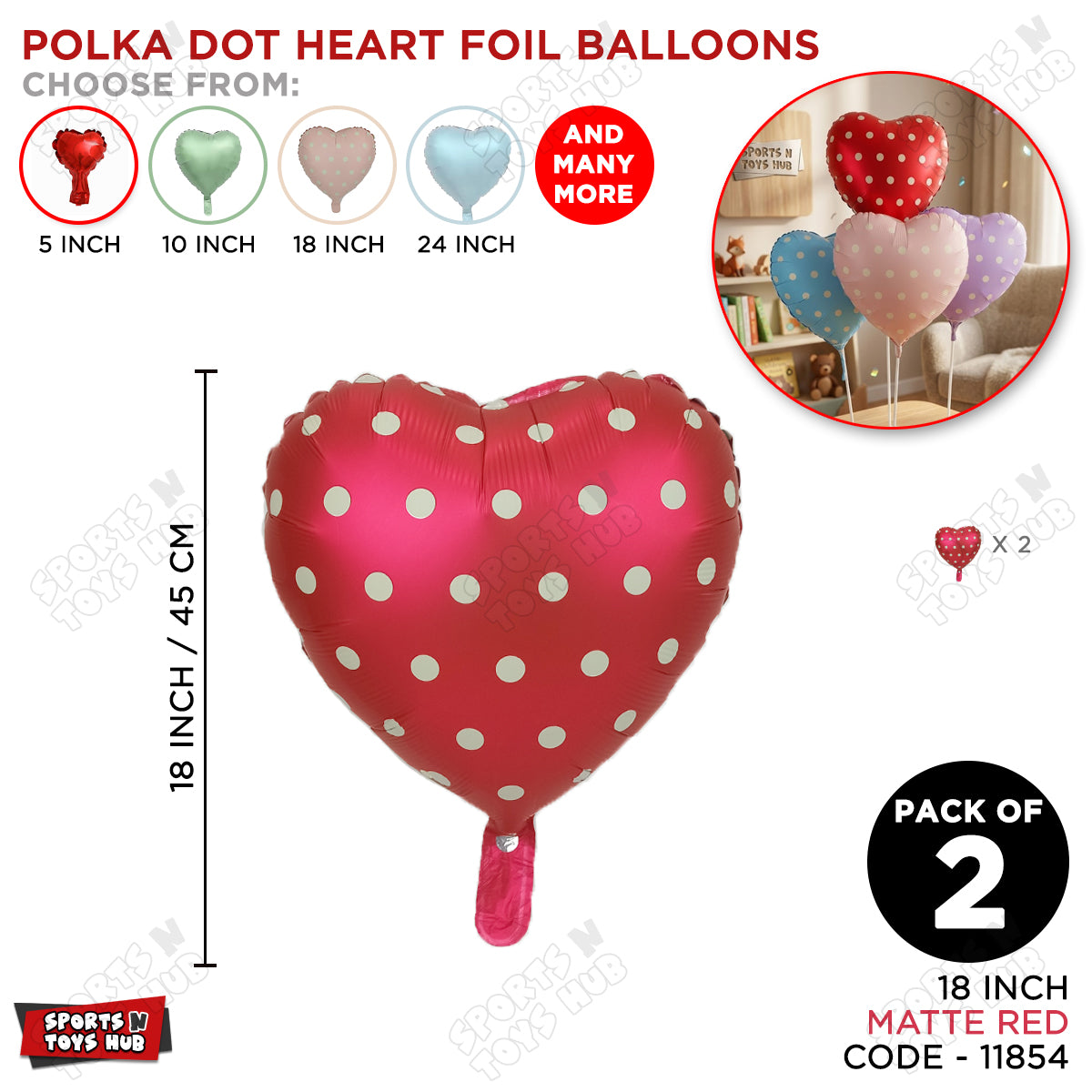 18 Inch - Red Polka Dot Heart Shape Foil Balloon