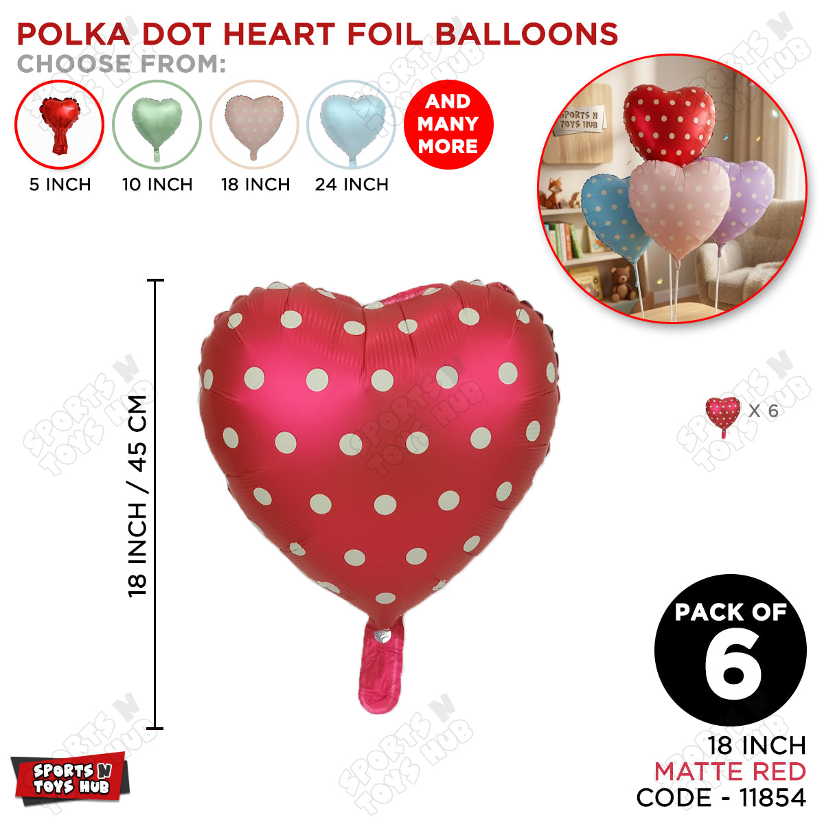 18 Inch - Red Polka Dot Heart Shape Foil Balloon