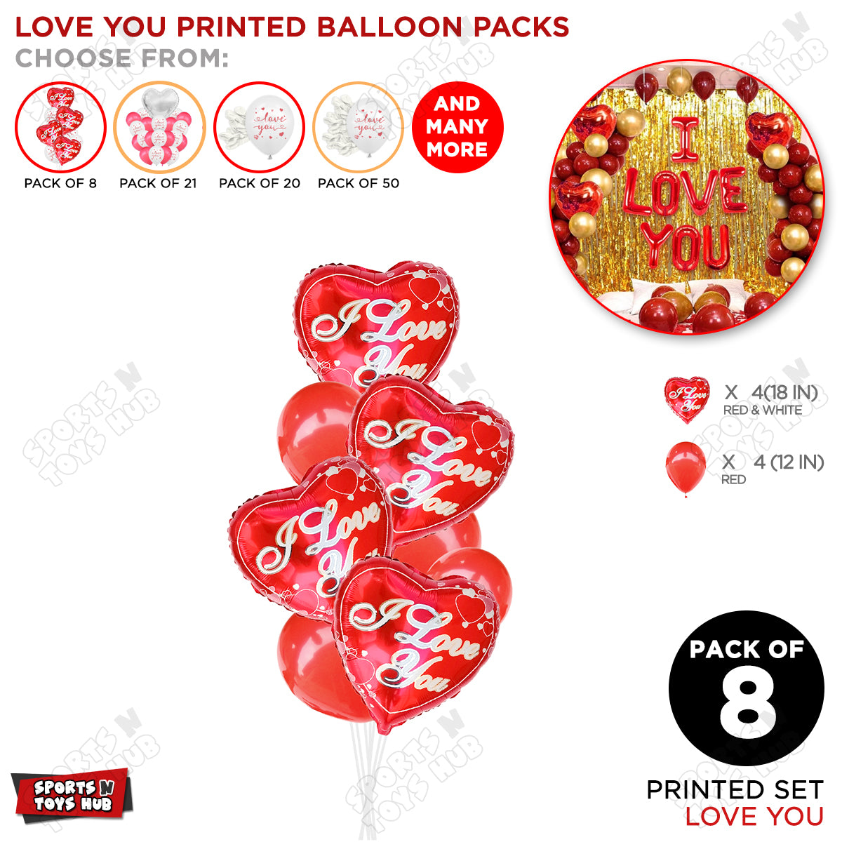 Printed Heart Foil Shape Balloon With Latex Balloon Pack Of 8 Set