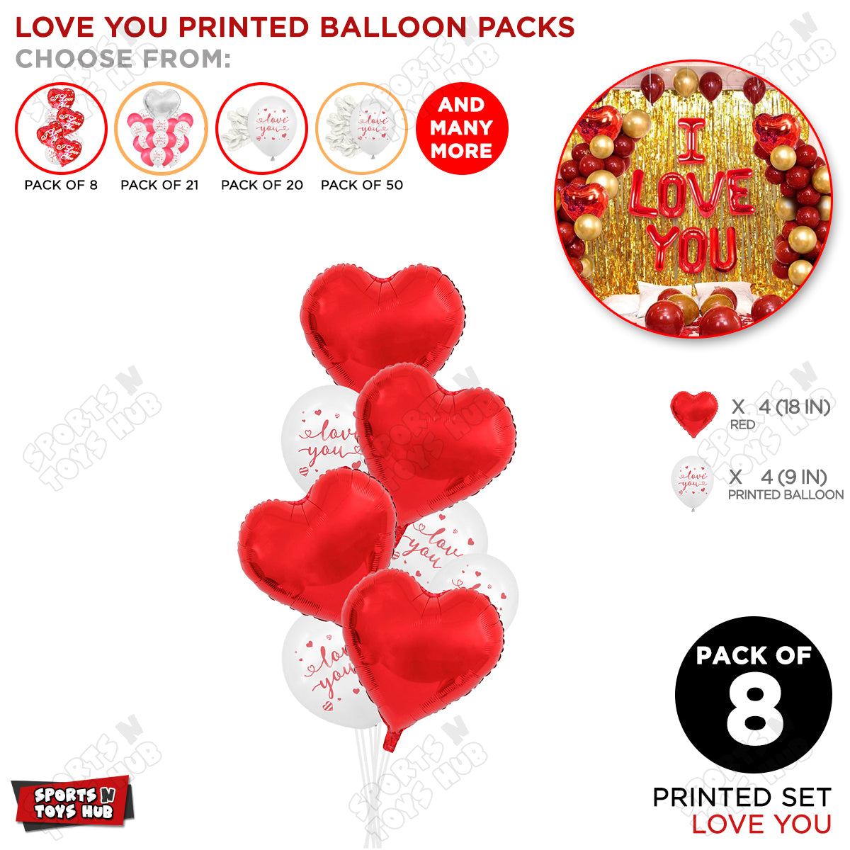 Heart Foil Shape Balloon With Printed Latex Balloon Pack Of 8 Set