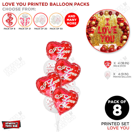 Heart Shape Printed Foil Balloon With Printed White Latex Balloon Pack Of 8 Set