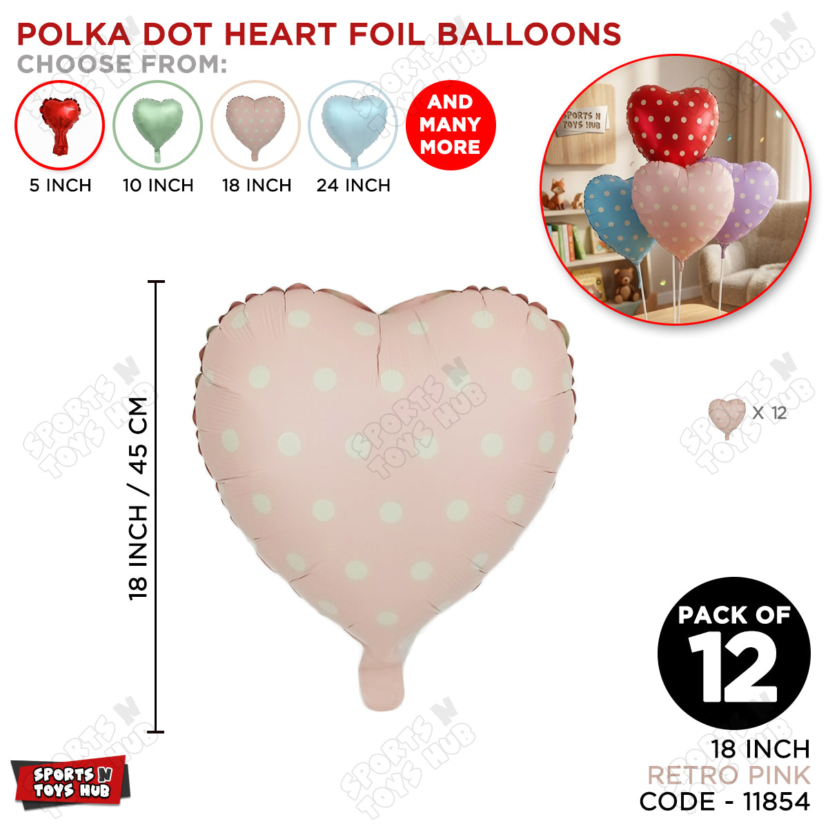 18 Inch - Retro Pink Polka Dot Heart Shape Foil Balloon