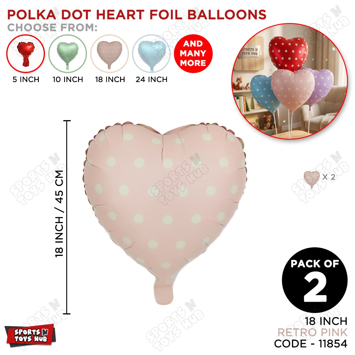 18 Inch - Retro Pink Polka Dot Heart Shape Foil Balloon