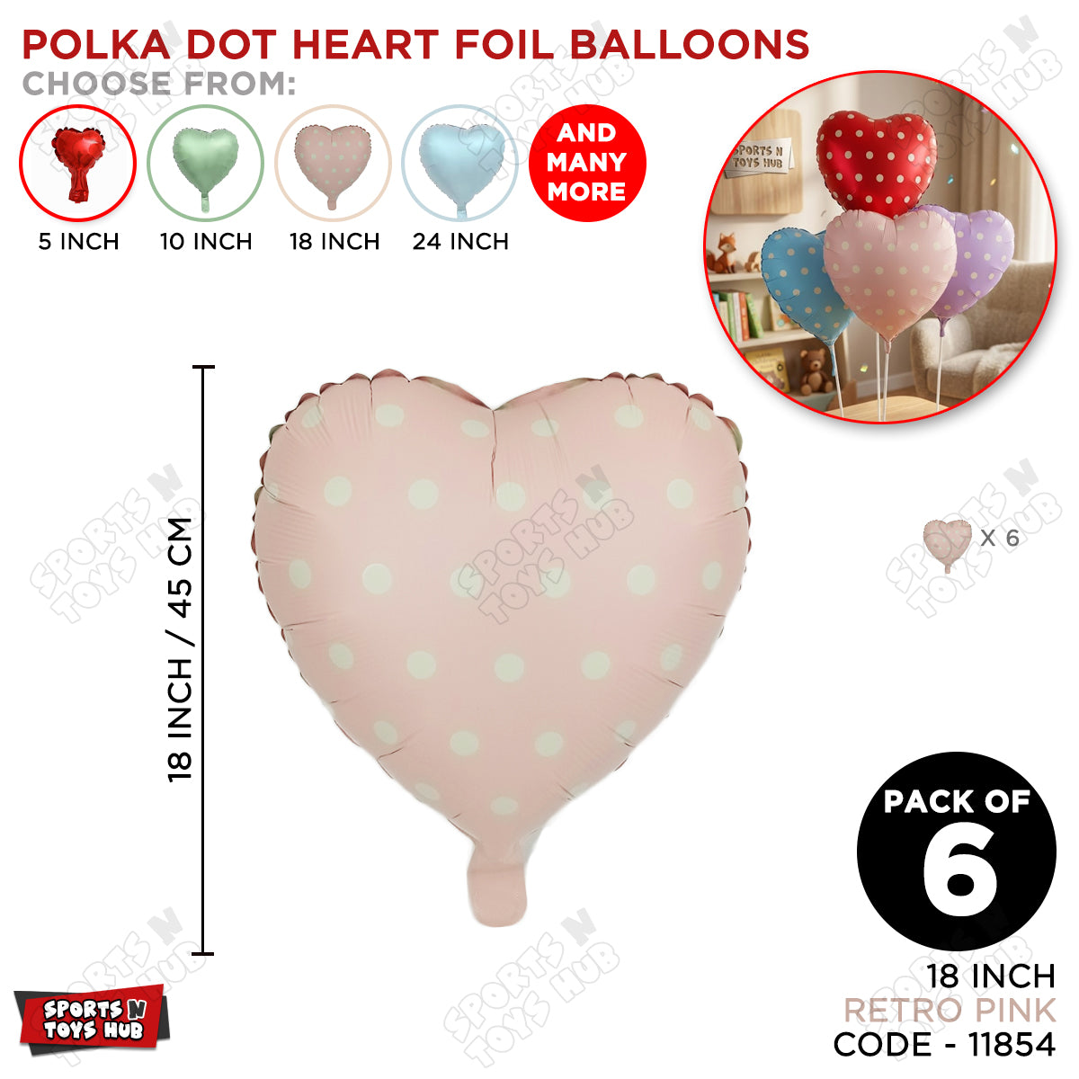 18 Inch - Retro Pink Polka Dot Heart Shape Foil Balloon