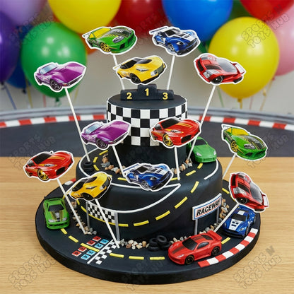 HBD Cartoon Character Race Car Cup Cake Topper - 12 Pcs