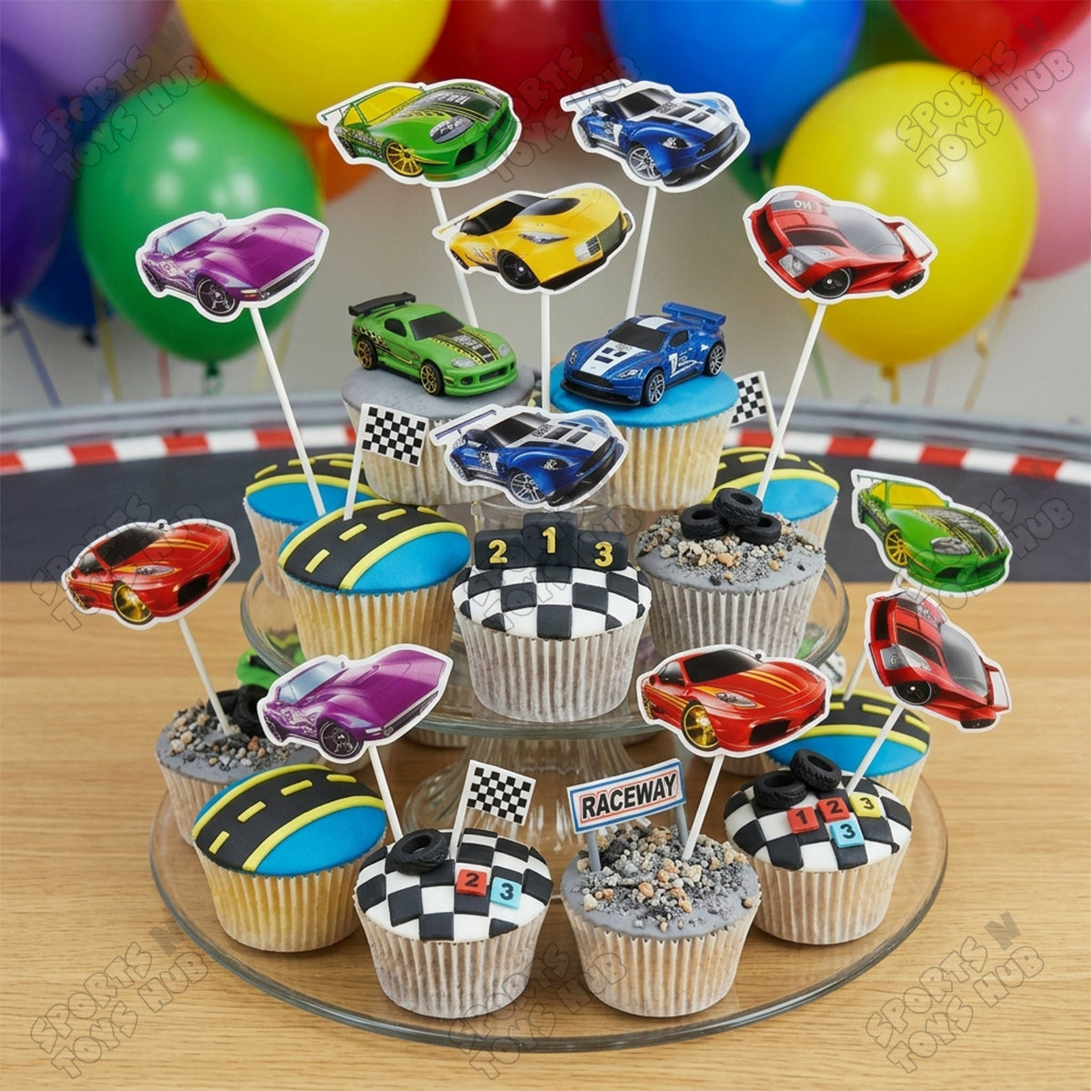 HBD Cartoon Character Race Car Cup Cake Topper - 12 Pcs