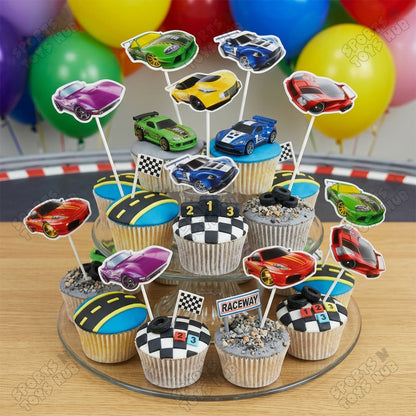 HBD Cartoon Character Race Car Cup Cake Topper - 12 Pcs