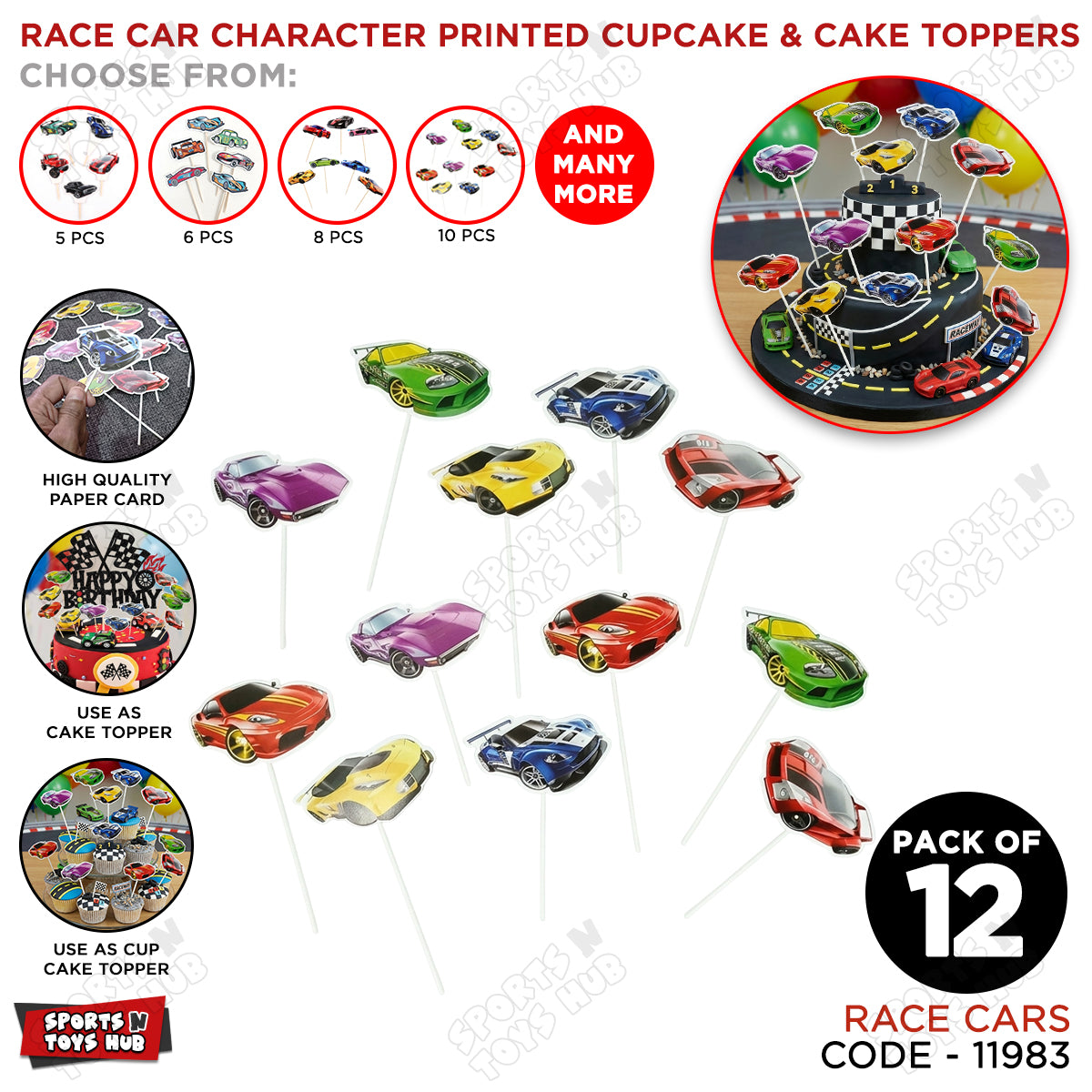 HBD Cartoon Character Race Car Cup Cake Topper - 12 Pcs