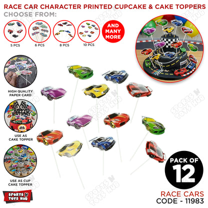HBD Cartoon Character Race Car Cup Cake Topper - 12 Pcs