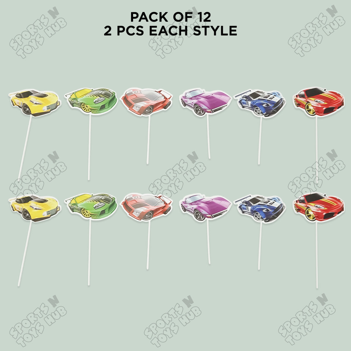 HBD Cartoon Character Race Car Cup Cake Topper - 12 Pcs