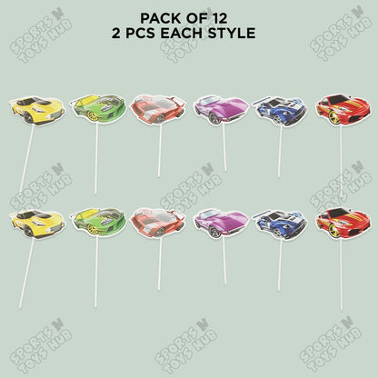 HBD Cartoon Character Race Car Cup Cake Topper - 12 Pcs
