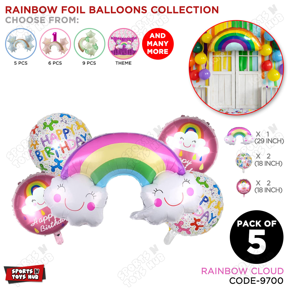 HBD Rainbow Pack Of 5 Foil Balloon Set