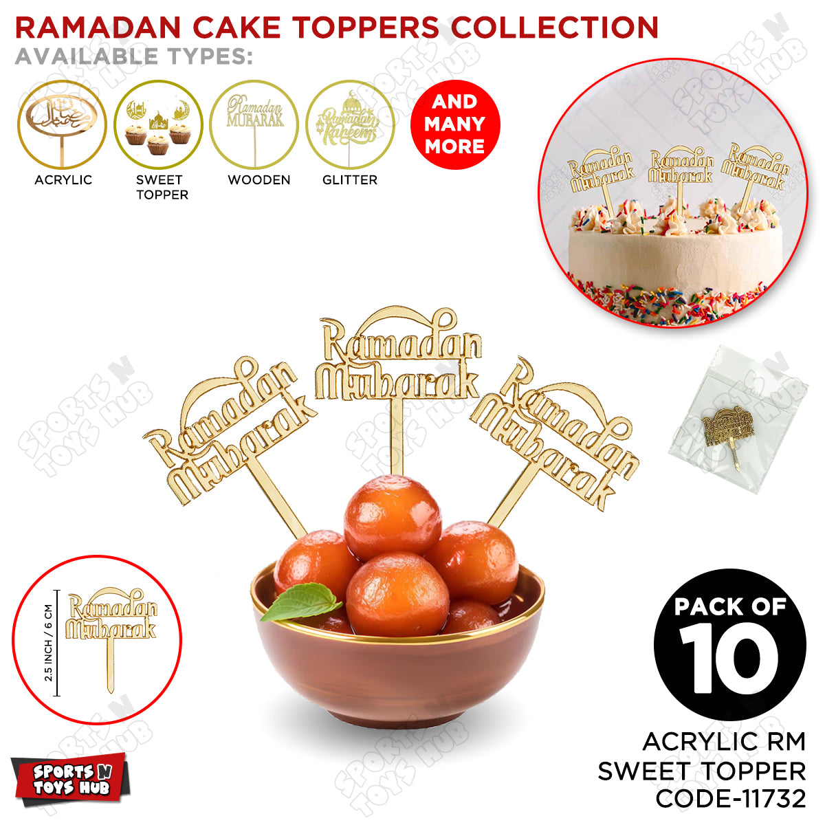 Ramadan Mubarak Acrylic Sweet & Cup Cake Toppers - Pack Of 10