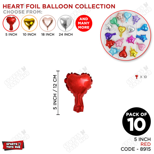 5 Inch - Heart Shape Foil Balloon Collection - Pack Of 10