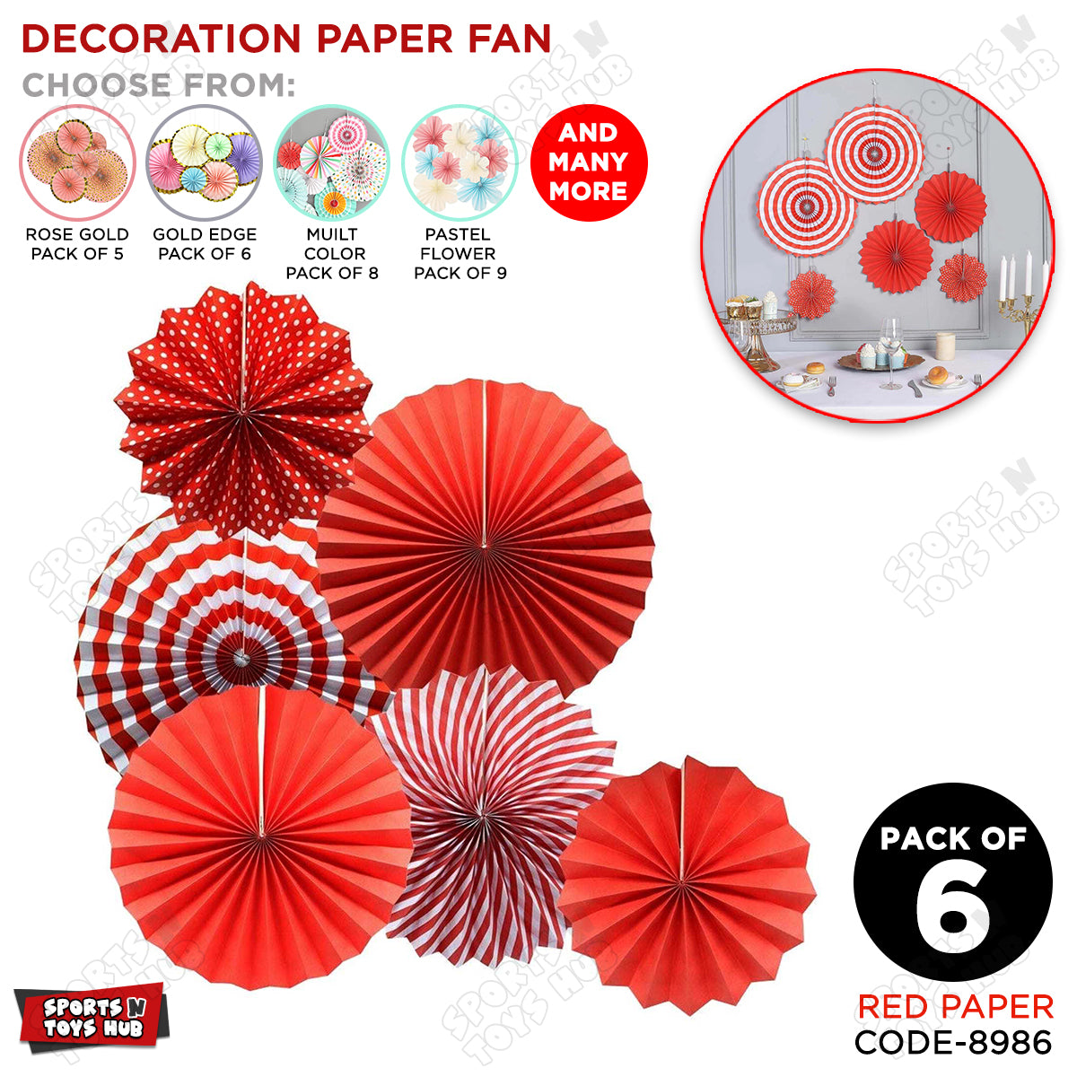 Red Paper Fan Decoration Set - Pack Of 6