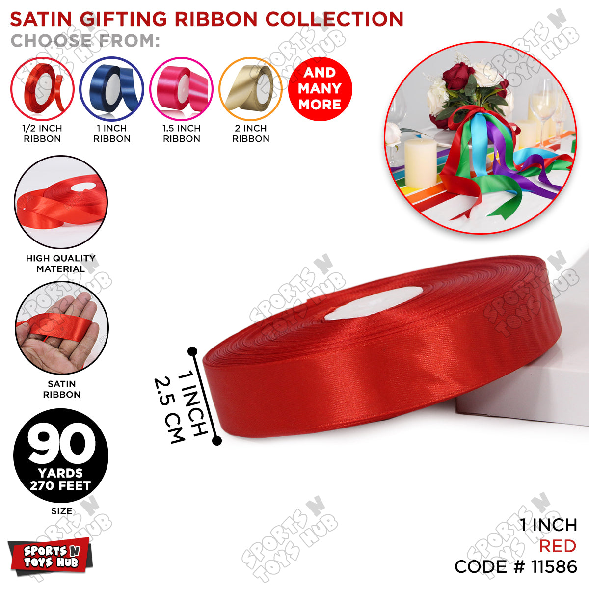 1 Inch x 90 Yards – Multi-Purpose Plain Satin Ribbon Roll for Gift Wrapping, Crafts & Decor