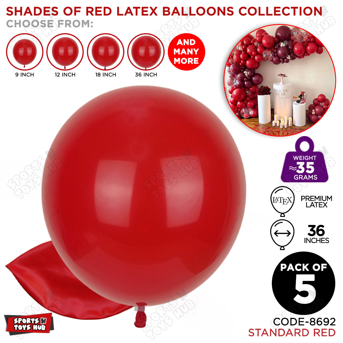 Red Latex Balloons Available In 9, 12, 18 & 36 Inch Sizes