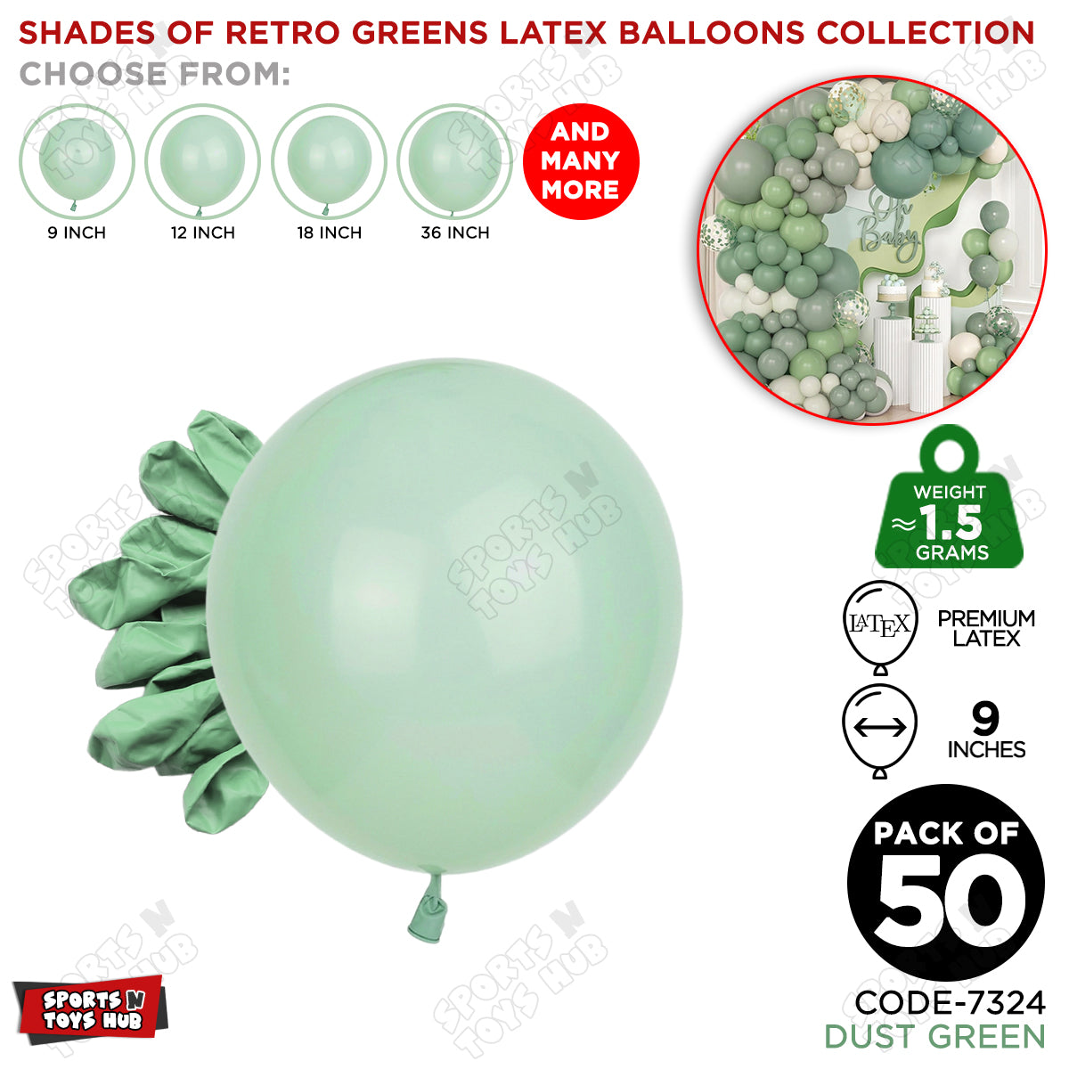 Dust Green Latex Macaron Balloons Available In 9, 12, 18 & 36 Inch Sizes