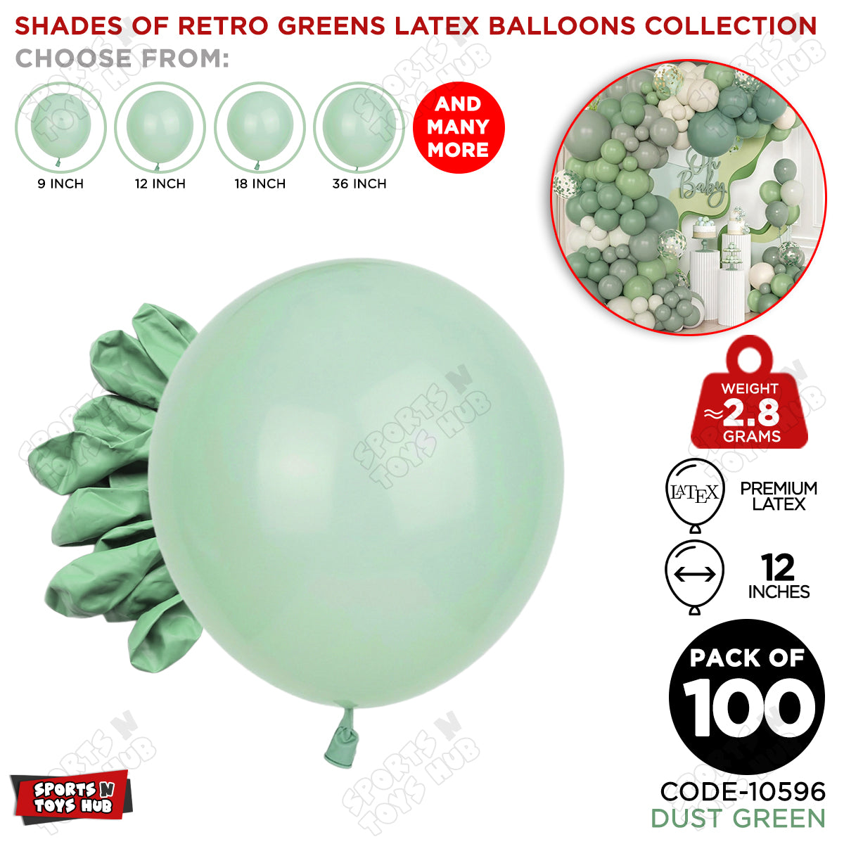 Dust Green Latex Macaron Balloons Available In 9, 12, 18 & 36 Inch Sizes