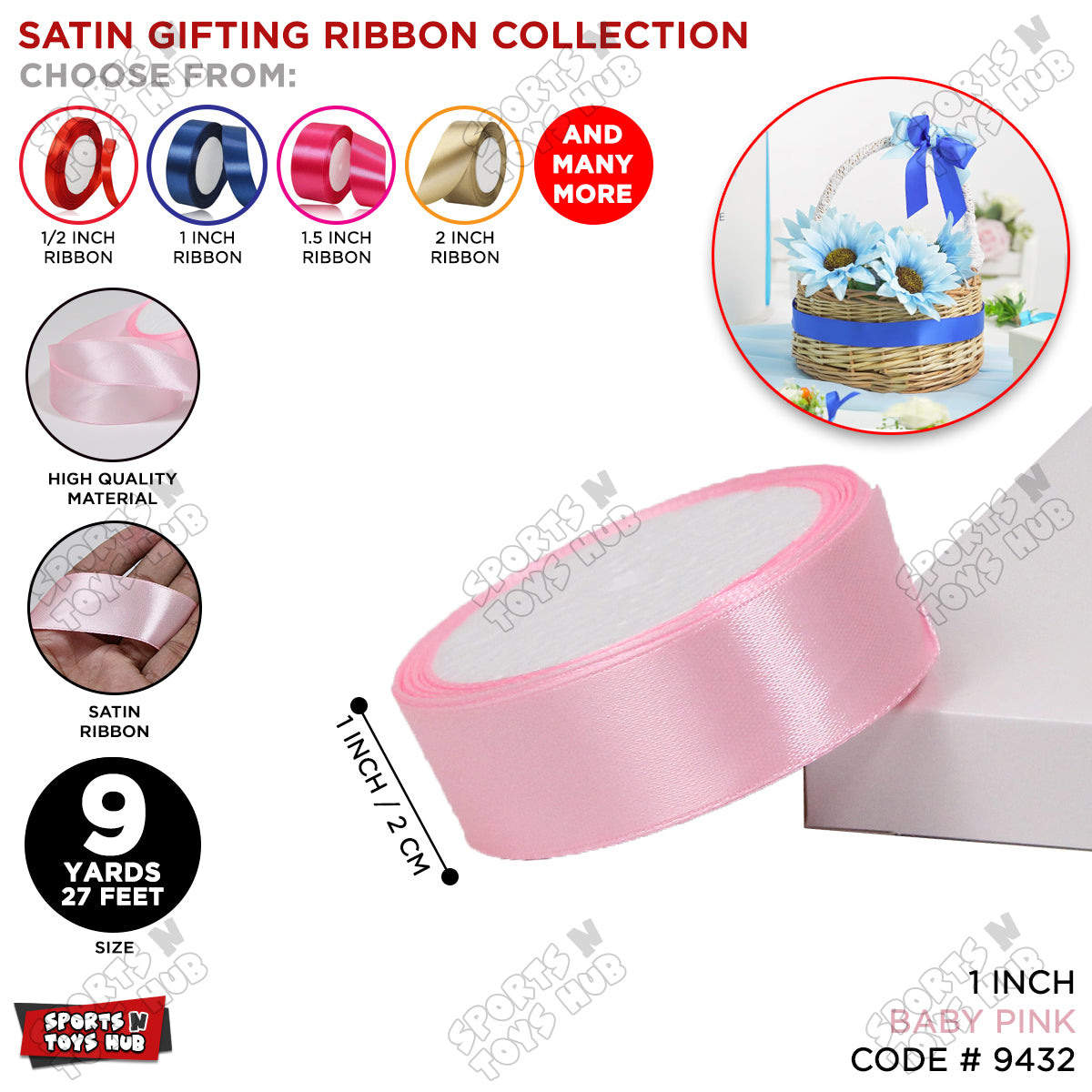 1 Inch x 9 Yards – Multi-Purpose Plain Satin Ribbon Roll for Gift Wrapping, Crafts & Decor