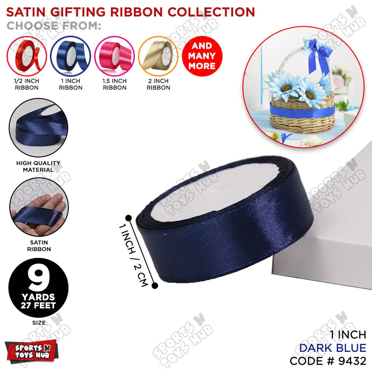 1 Inch x 9 Yards – Multi-Purpose Plain Satin Ribbon Roll for Gift Wrapping, Crafts & Decor