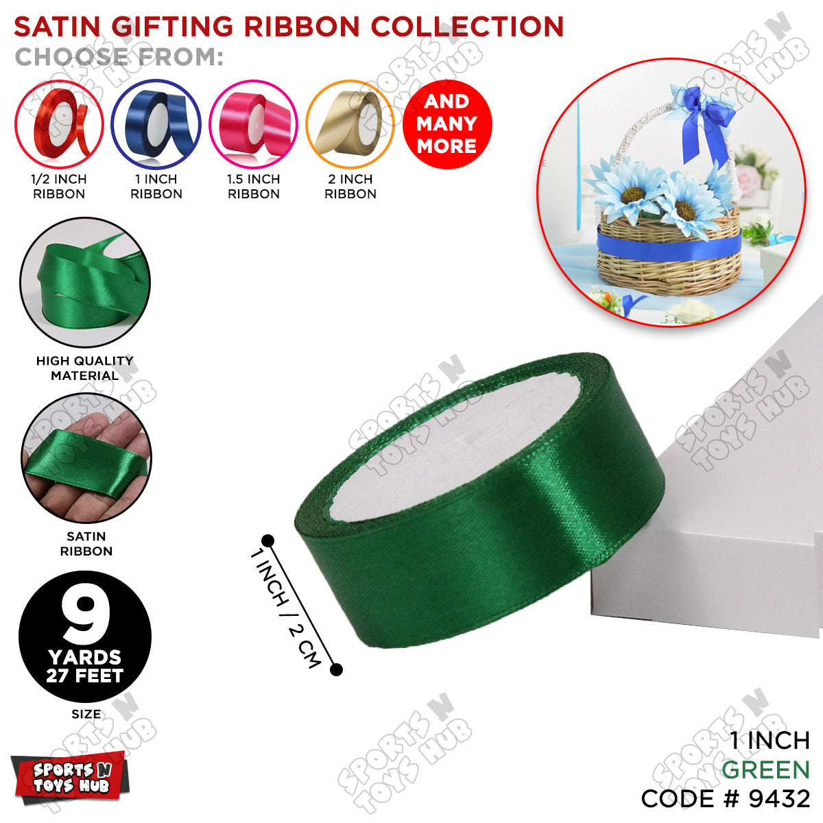 1 Inch x 9 Yards – Multi-Purpose Plain Satin Ribbon Roll for Gift Wrapping, Crafts & Decor