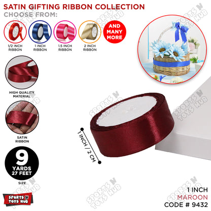 1 Inch x 9 Yards – Multi-Purpose Plain Satin Ribbon Roll for Gift Wrapping, Crafts & Decor
