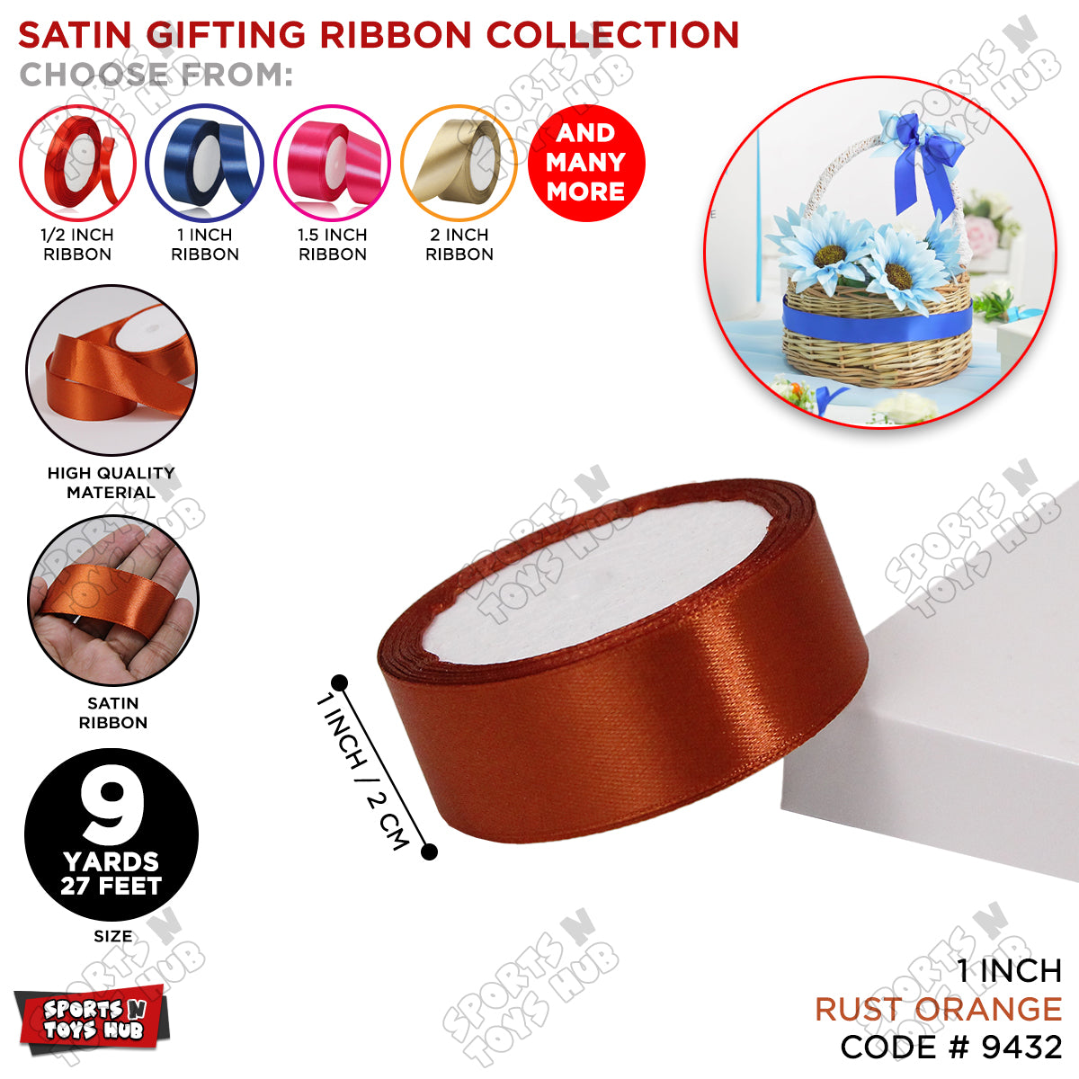 1 Inch x 9 Yards – Multi-Purpose Plain Satin Ribbon Roll for Gift Wrapping, Crafts & Decor