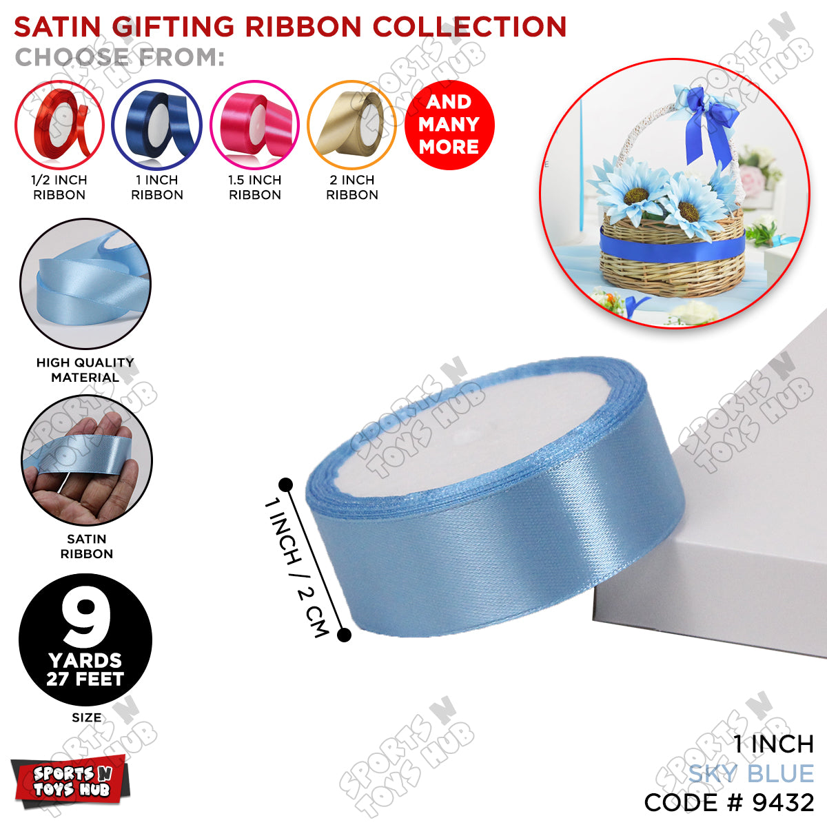 1 Inch x 9 Yards – Multi-Purpose Plain Satin Ribbon Roll for Gift Wrapping, Crafts & Decor