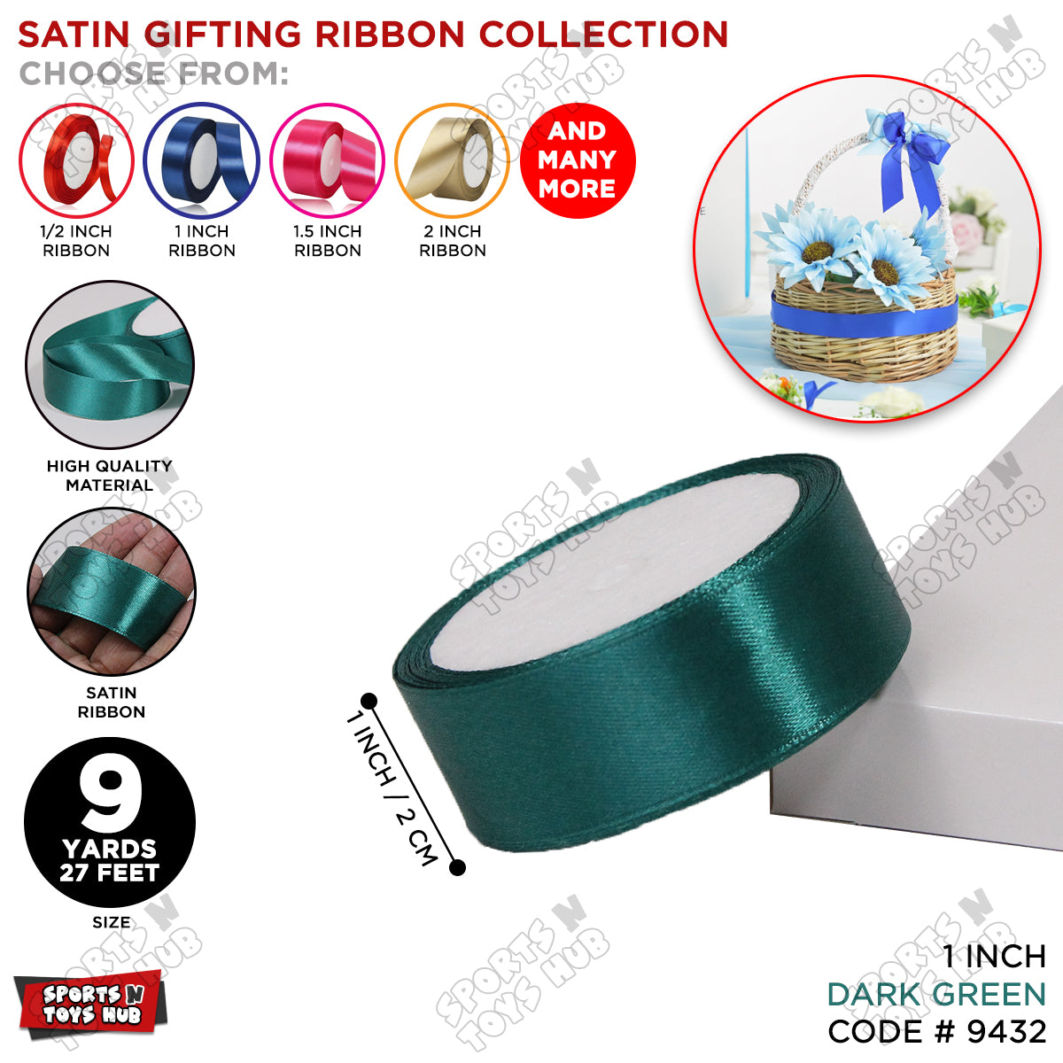 1 Inch x 9 Yards – Multi-Purpose Plain Satin Ribbon Roll for Gift Wrapping, Crafts & Decor