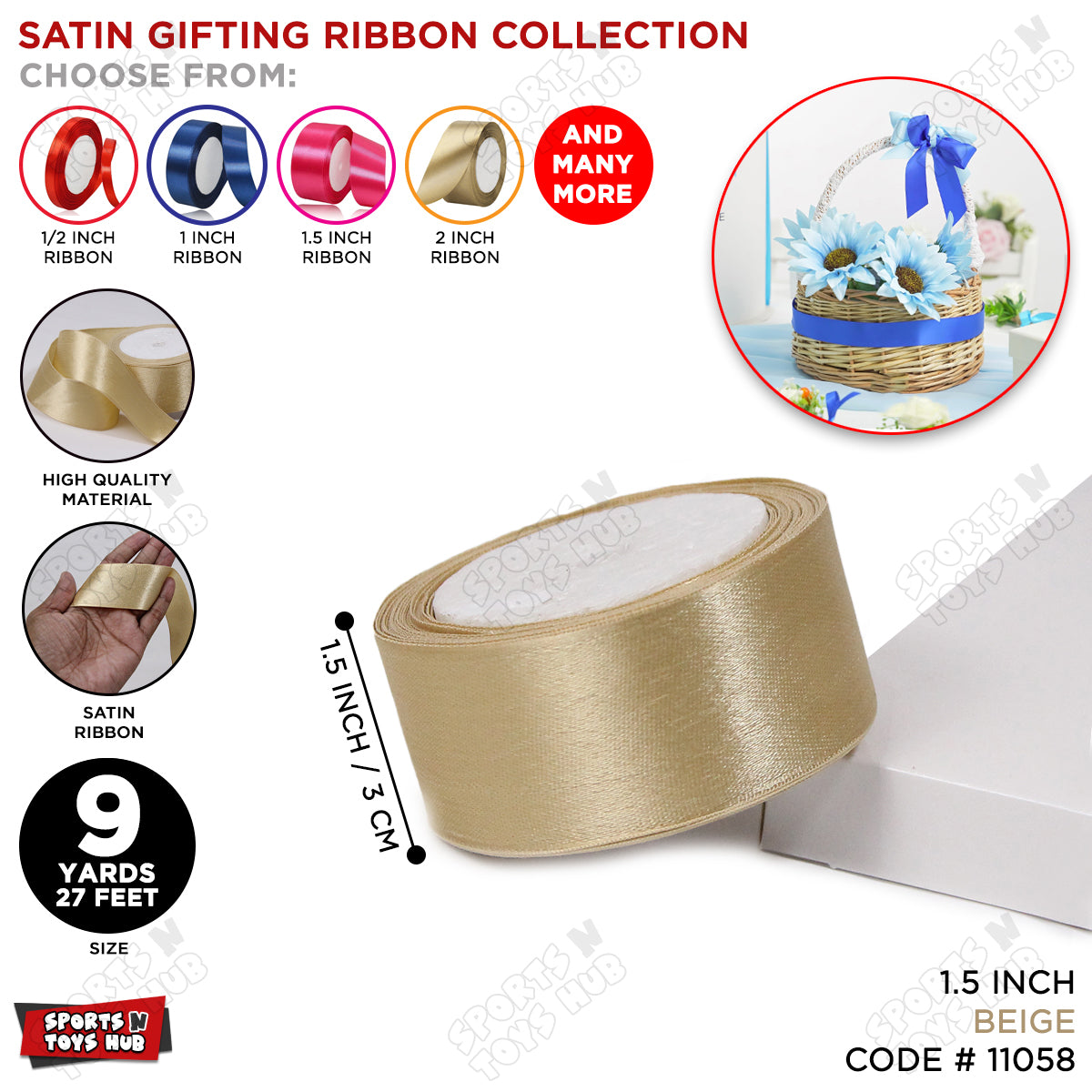 1.5 Inch x 9 Yards – Plain Satin Ribbon Roll for Ribbon Flowers, Crafts, Gift Wrapping & Decor