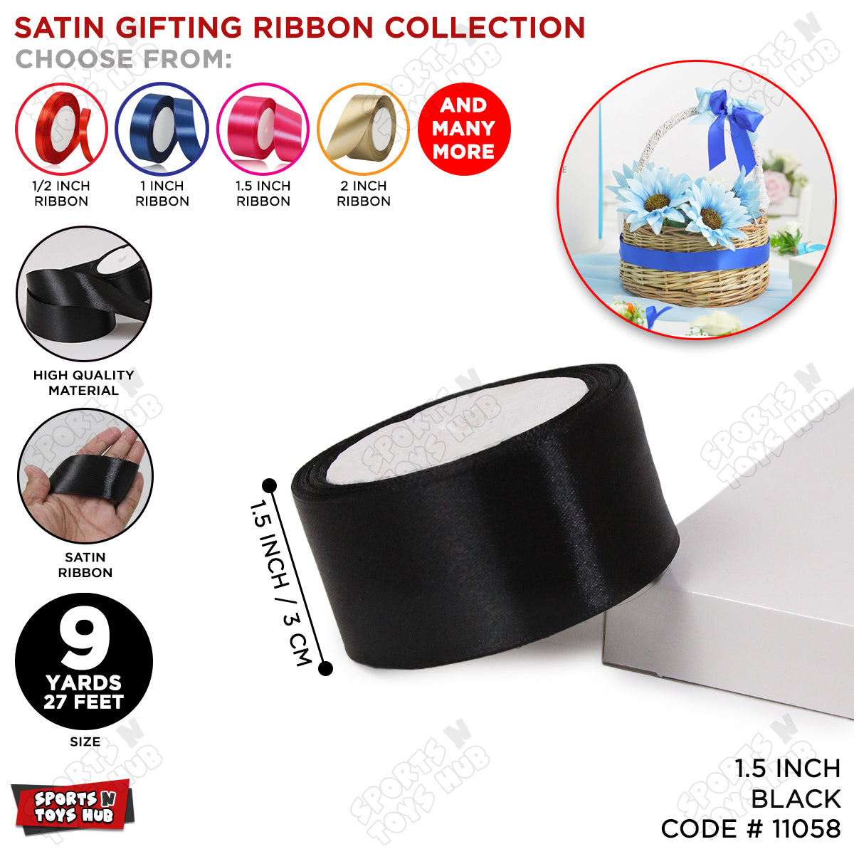 1.5 Inch x 9 Yards – Plain Satin Ribbon Roll for Ribbon Flowers, Crafts, Gift Wrapping & Decor