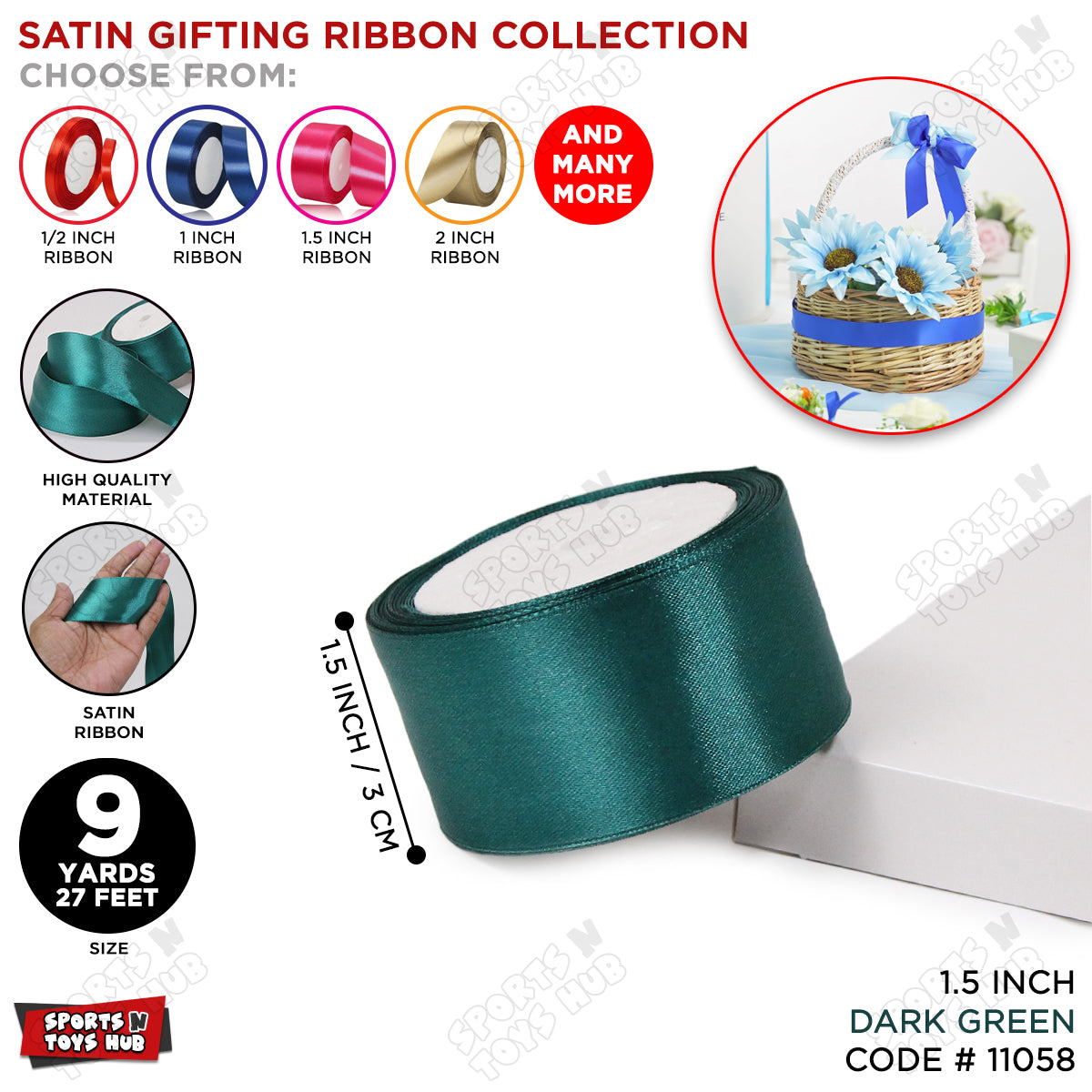 1.5 Inch x 9 Yards – Plain Satin Ribbon Roll for Ribbon Flowers, Crafts, Gift Wrapping & Decor