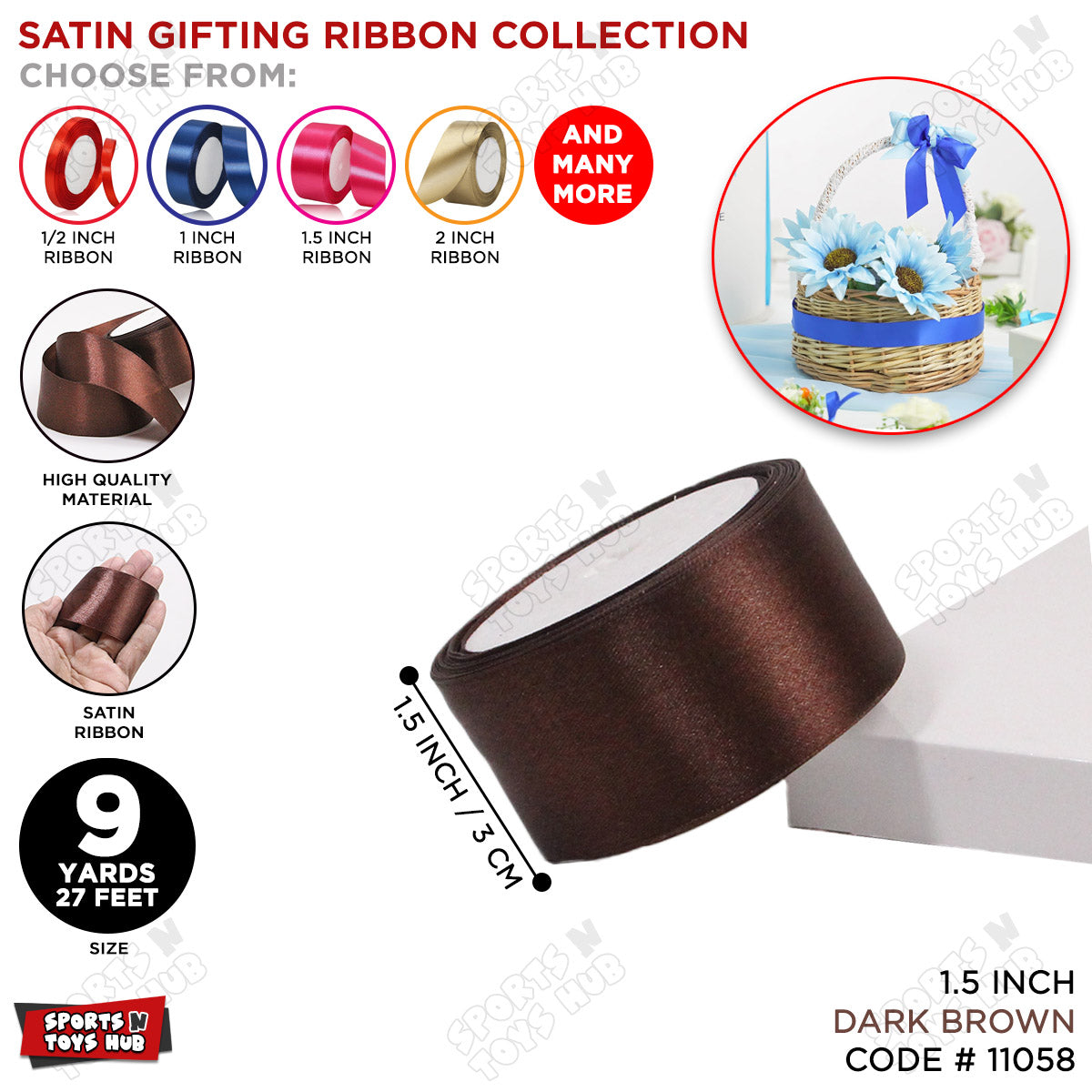 1.5 Inch x 9 Yards – Plain Satin Ribbon Roll for Ribbon Flowers, Crafts, Gift Wrapping & Decor