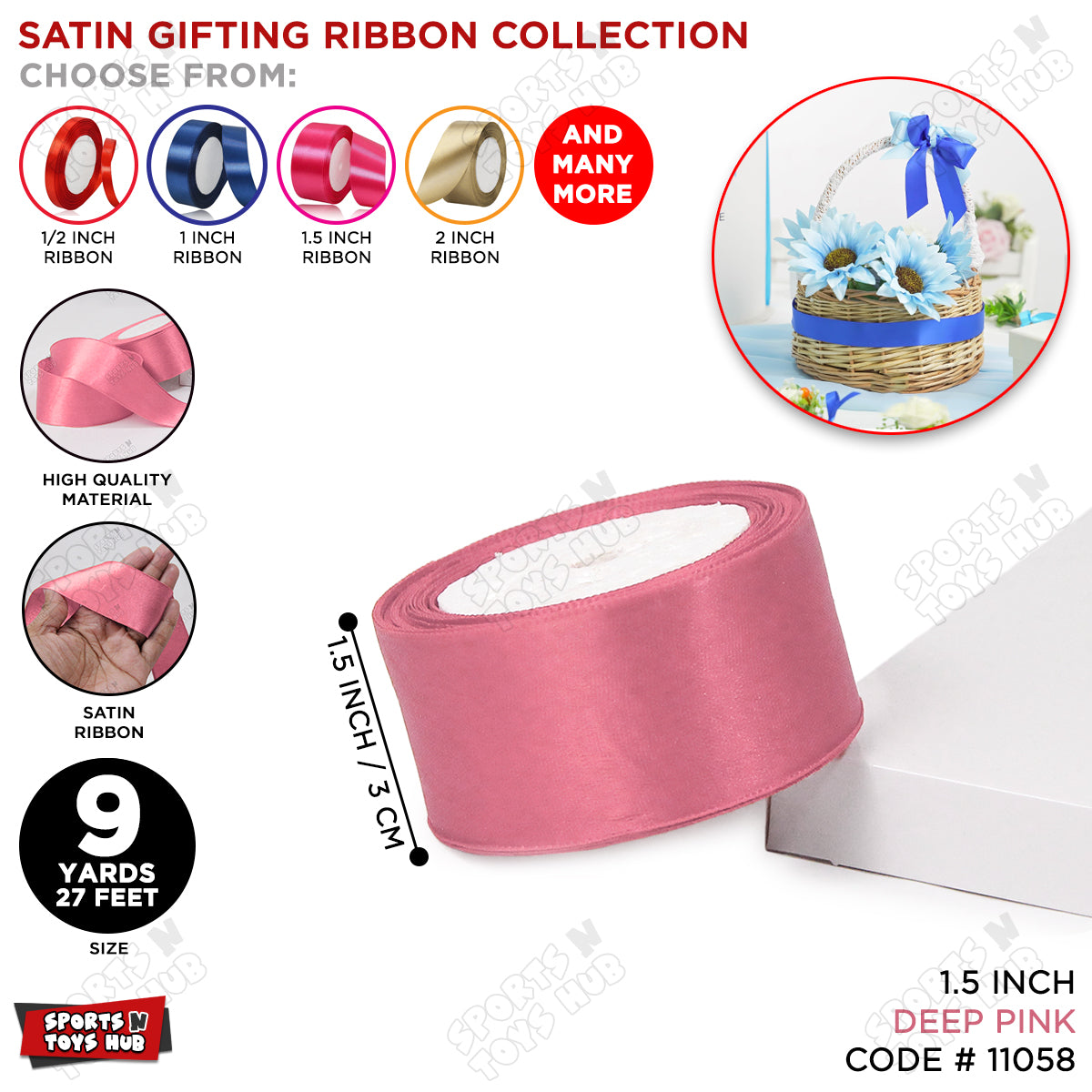 1.5 Inch x 9 Yards – Plain Satin Ribbon Roll for Ribbon Flowers, Crafts, Gift Wrapping & Decor