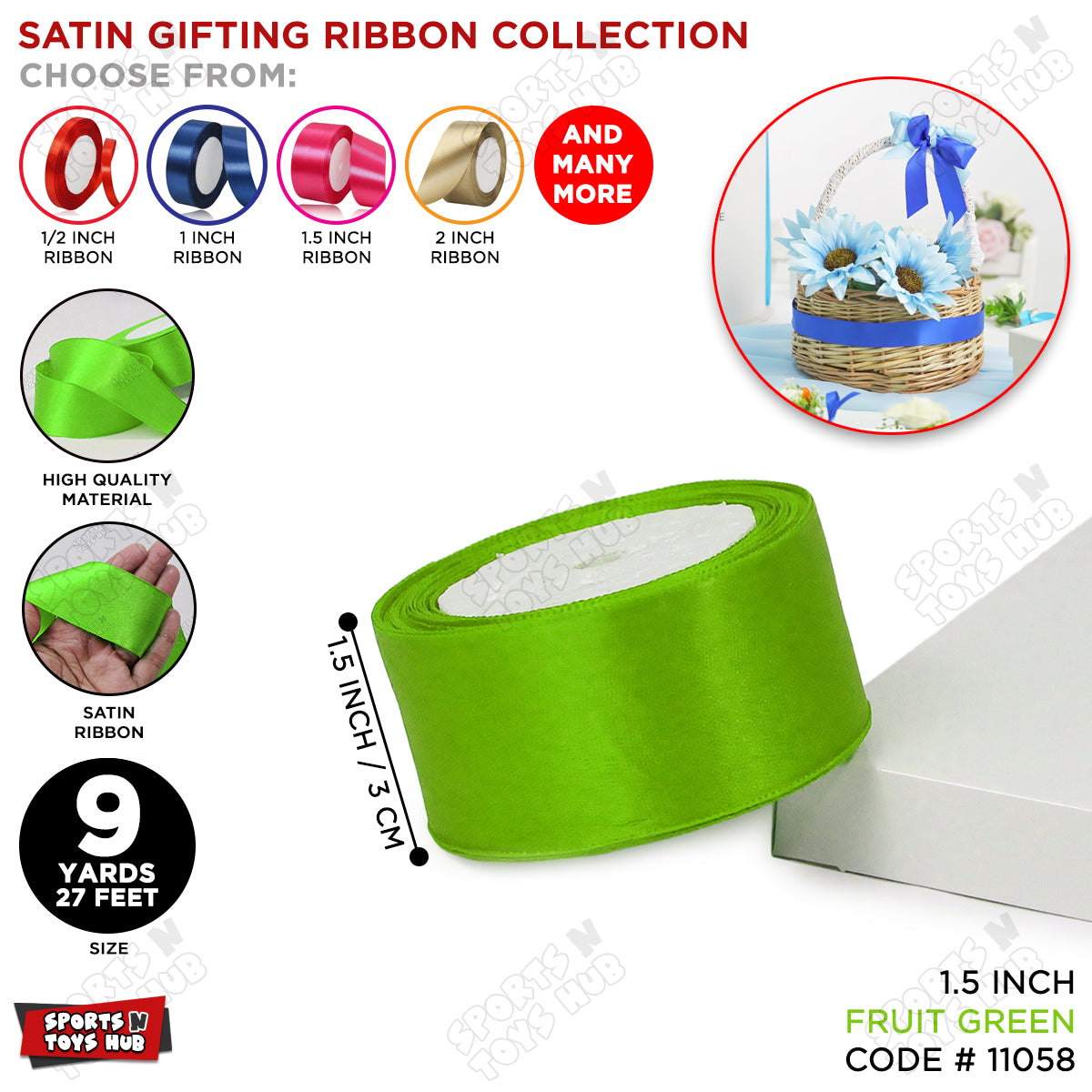 1.5 Inch x 9 Yards – Plain Satin Ribbon Roll for Ribbon Flowers, Crafts, Gift Wrapping & Decor