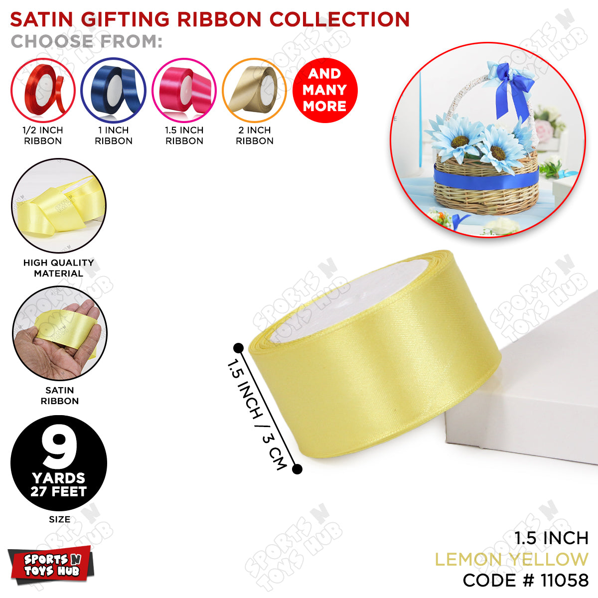 1.5 Inch x 9 Yards – Plain Satin Ribbon Roll for Ribbon Flowers, Crafts, Gift Wrapping & Decor