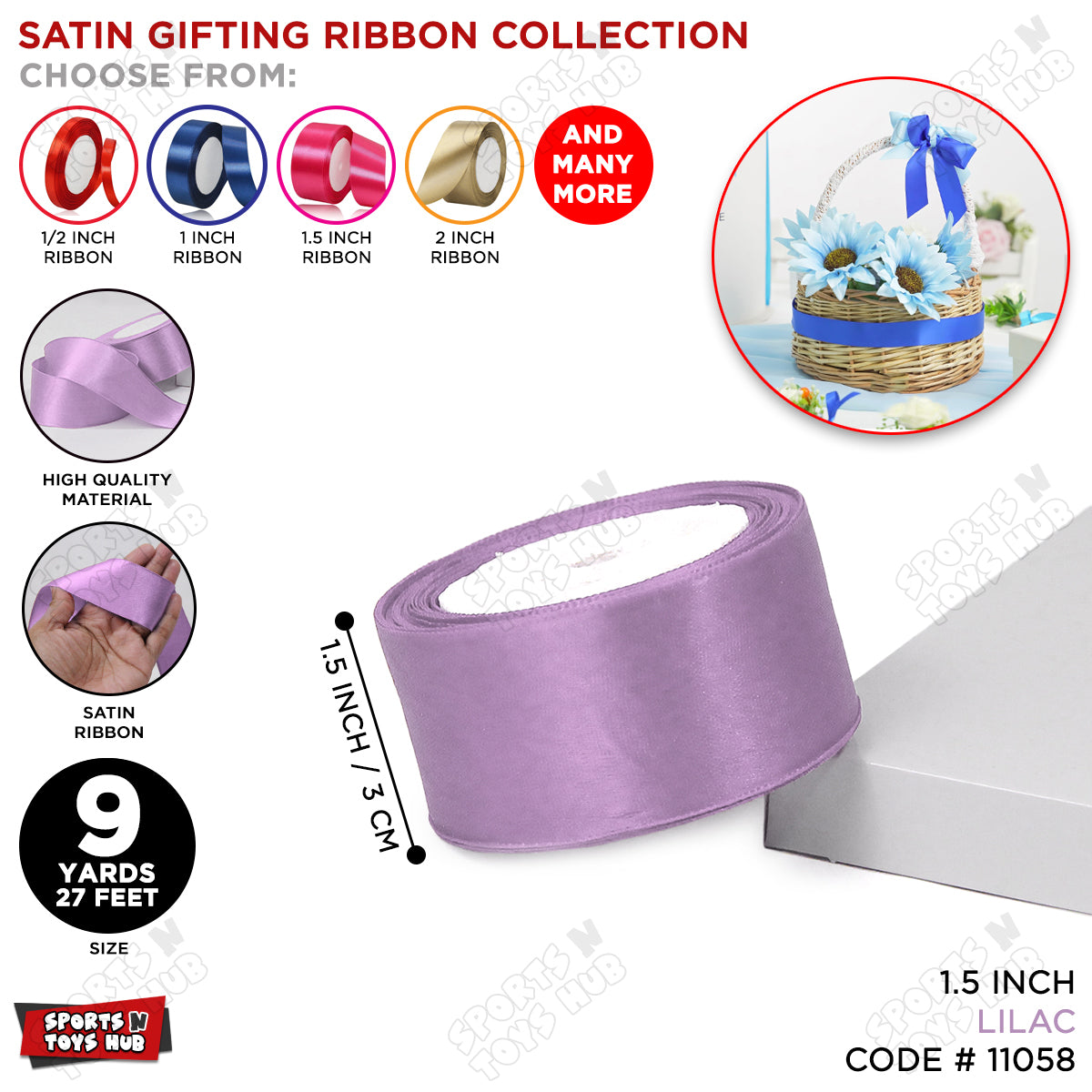 1.5 Inch x 9 Yards – Plain Satin Ribbon Roll for Ribbon Flowers, Crafts, Gift Wrapping & Decor