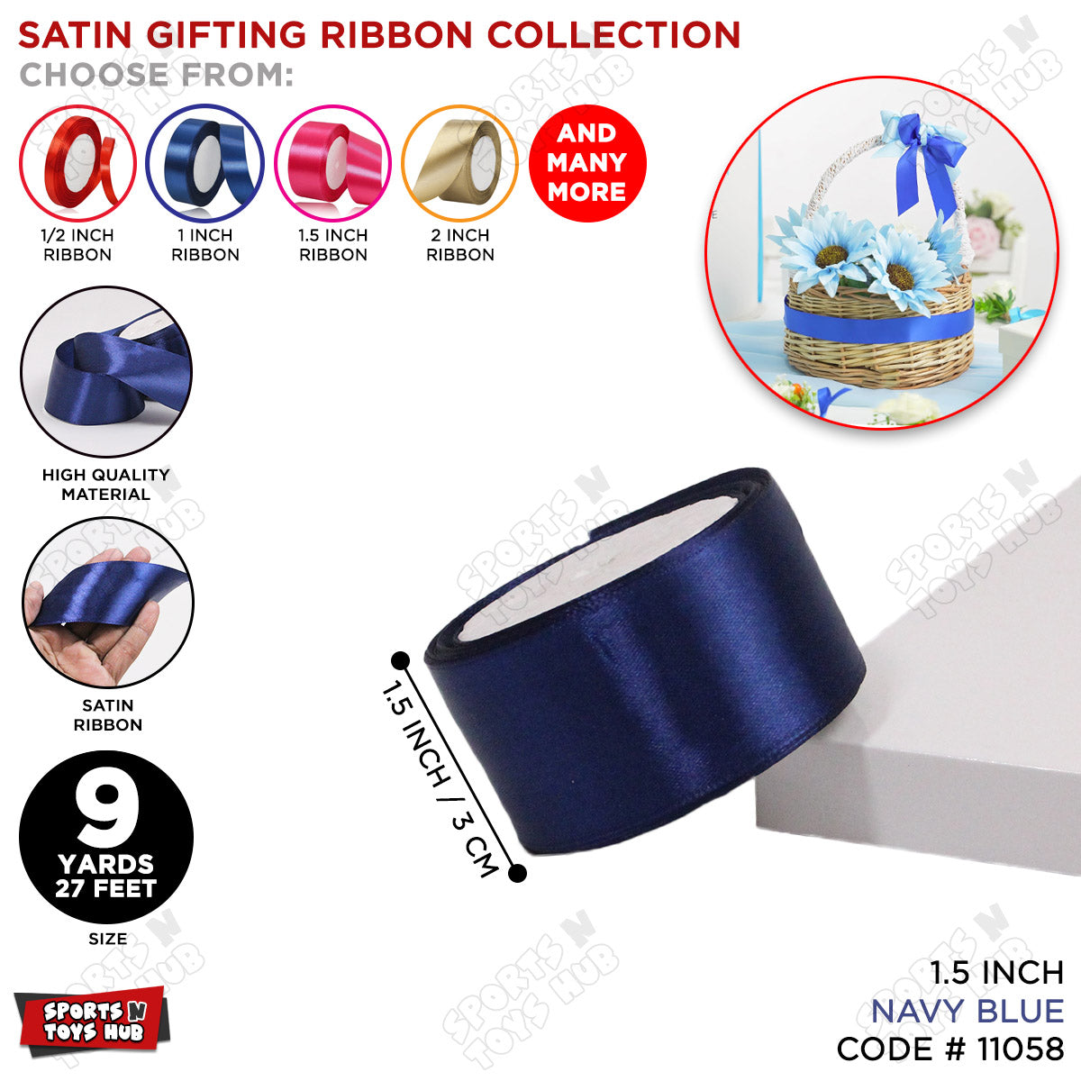 1.5 Inch x 9 Yards – Plain Satin Ribbon Roll for Ribbon Flowers, Crafts, Gift Wrapping & Decor