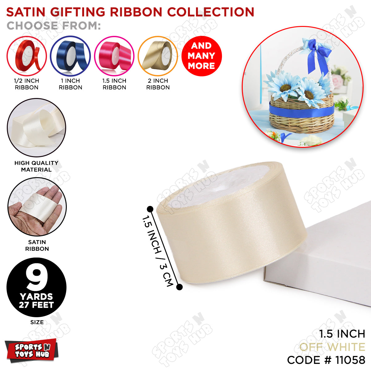 1.5 Inch x 9 Yards – Plain Satin Ribbon Roll for Ribbon Flowers, Crafts, Gift Wrapping & Decor