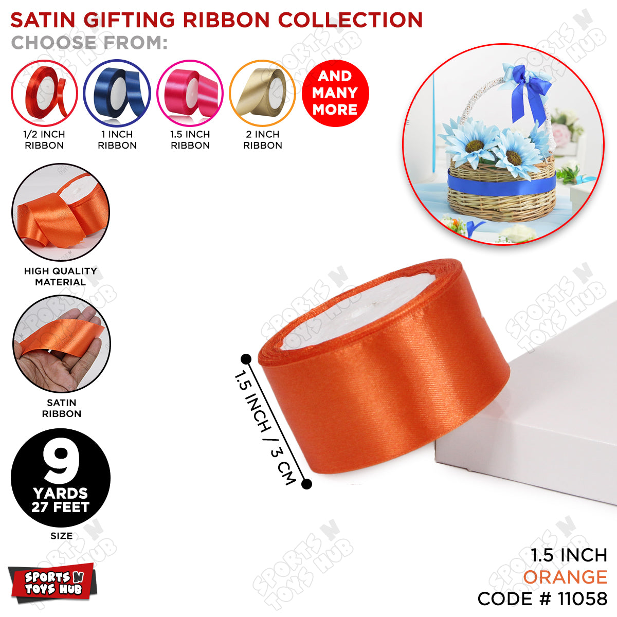 1.5 Inch x 9 Yards – Plain Satin Ribbon Roll for Ribbon Flowers, Crafts, Gift Wrapping & Decor