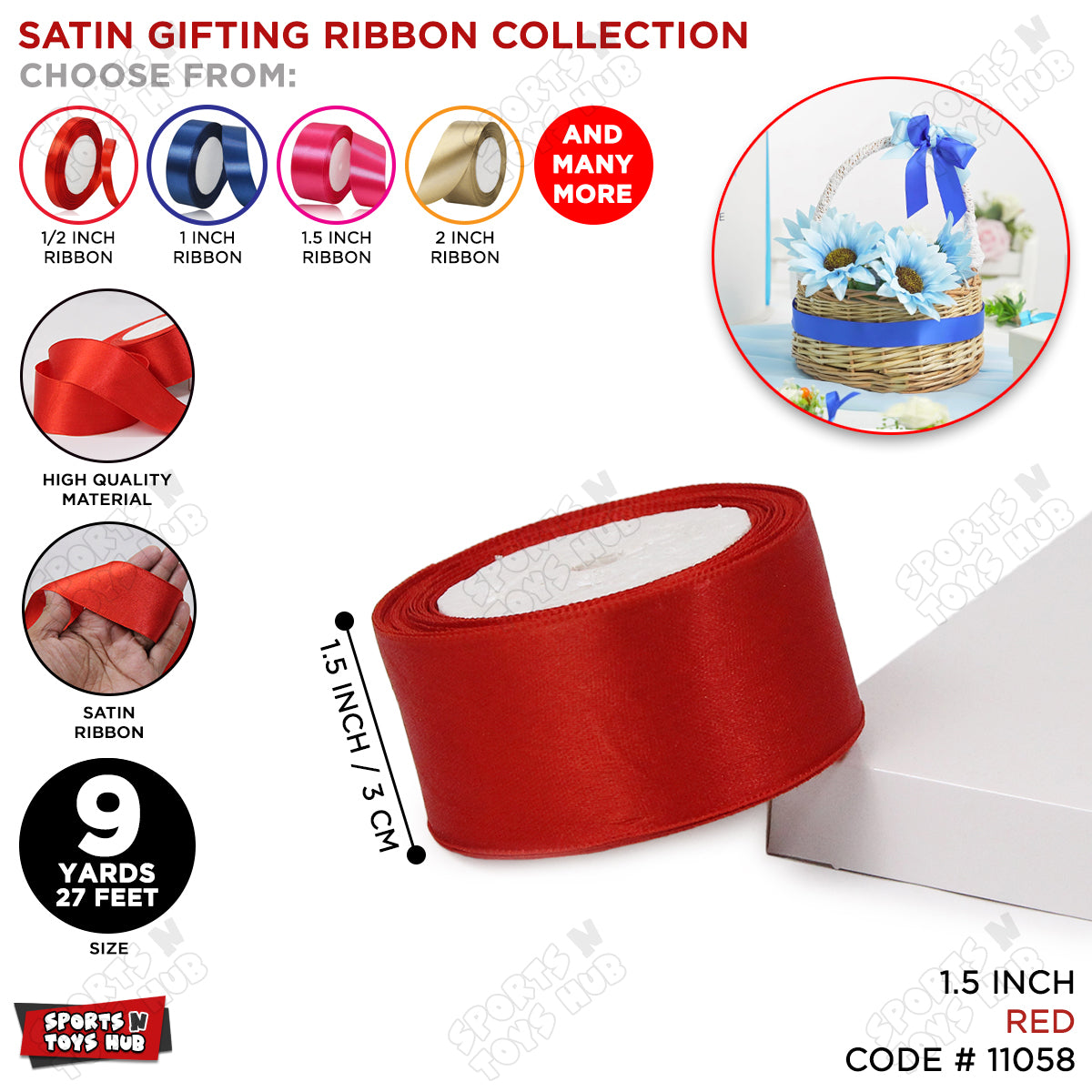1.5 Inch x 9 Yards – Plain Satin Ribbon Roll for Ribbon Flowers, Crafts, Gift Wrapping & Decor