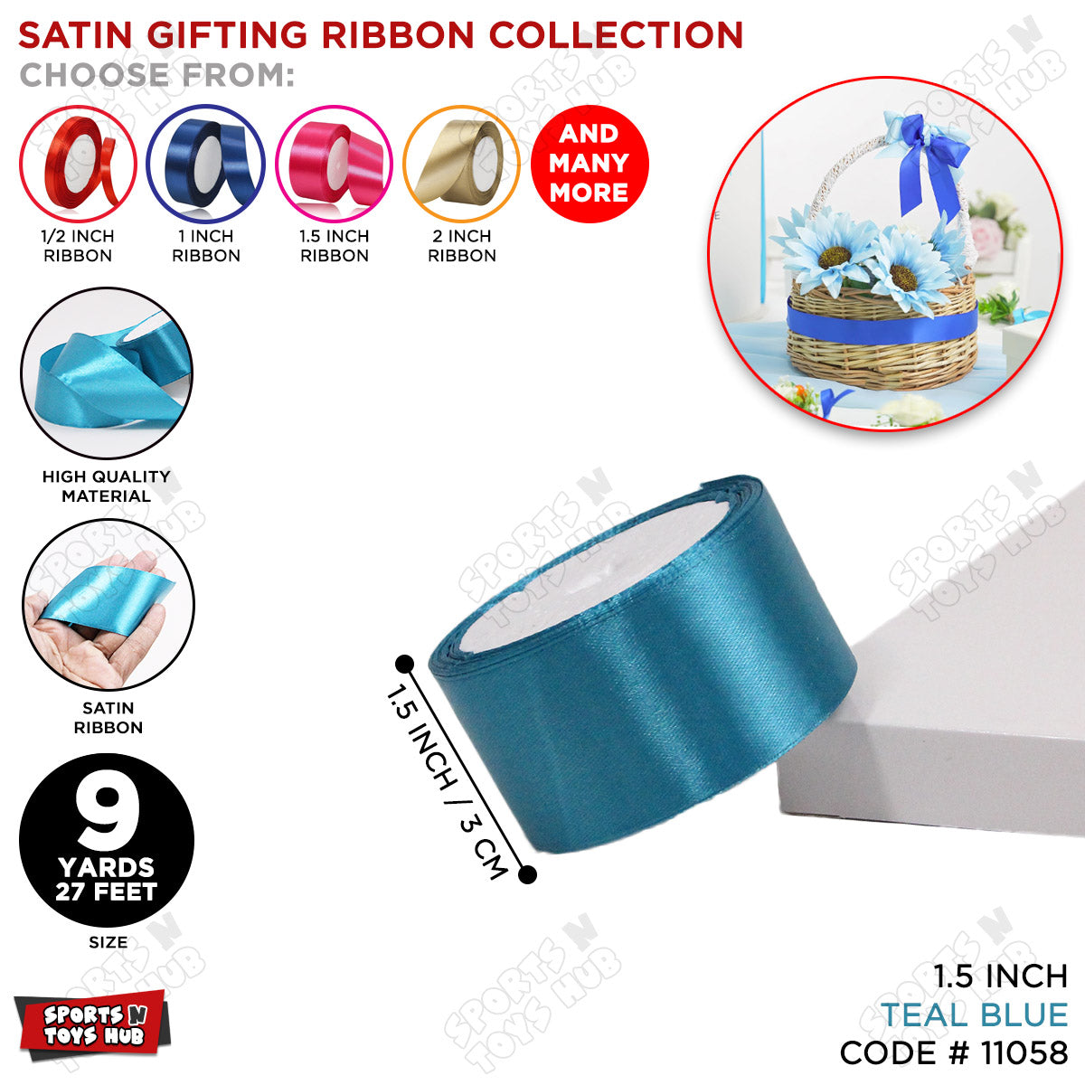 1.5 Inch x 9 Yards – Plain Satin Ribbon Roll for Ribbon Flowers, Crafts, Gift Wrapping & Decor