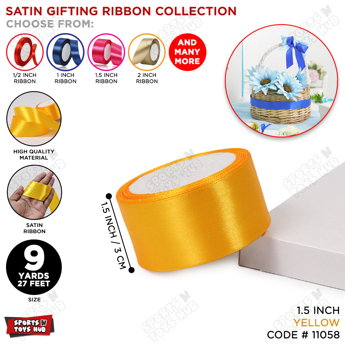 1.5 Inch x 9 Yards – Plain Satin Ribbon Roll for Ribbon Flowers, Crafts, Gift Wrapping & Decor