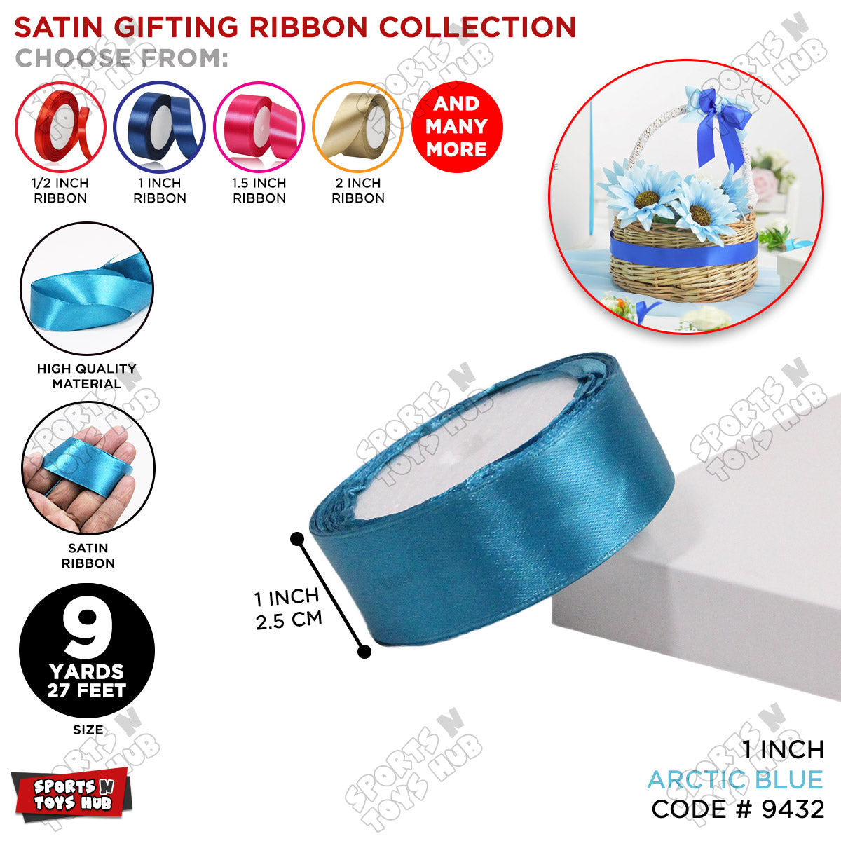 1 Inch x 9 Yards – Multi-Purpose Plain Satin Ribbon Roll for Gift Wrapping, Crafts & Decor