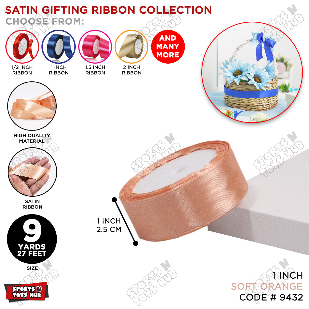 1 Inch x 9 Yards – Multi-Purpose Plain Satin Ribbon Roll for Gift Wrapping, Crafts & Decor