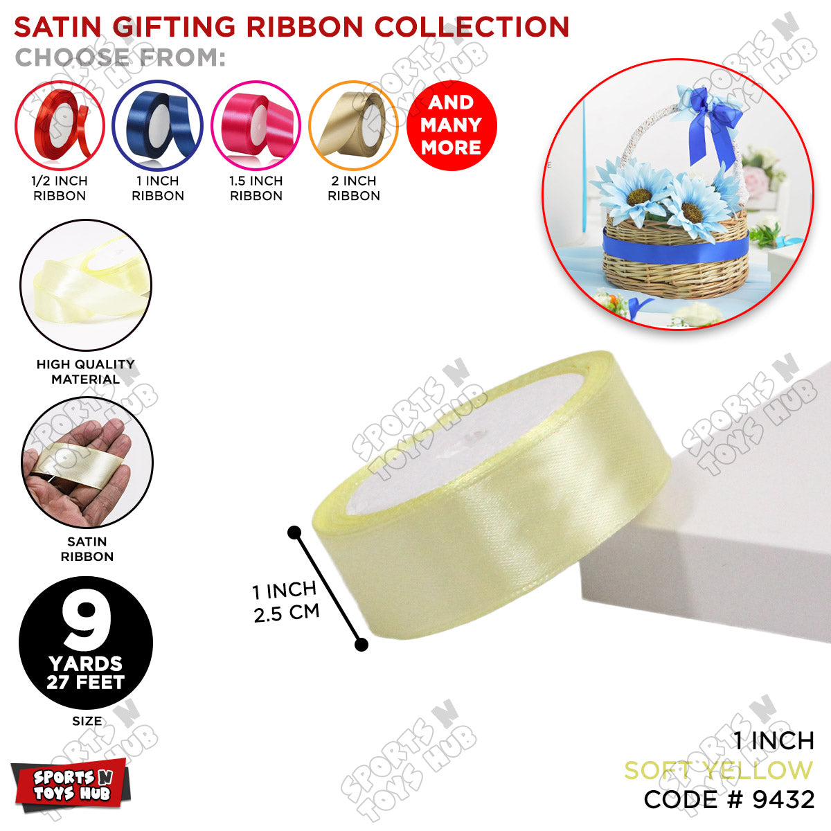 1 Inch x 9 Yards – Multi-Purpose Plain Satin Ribbon Roll for Gift Wrapping, Crafts & Decor